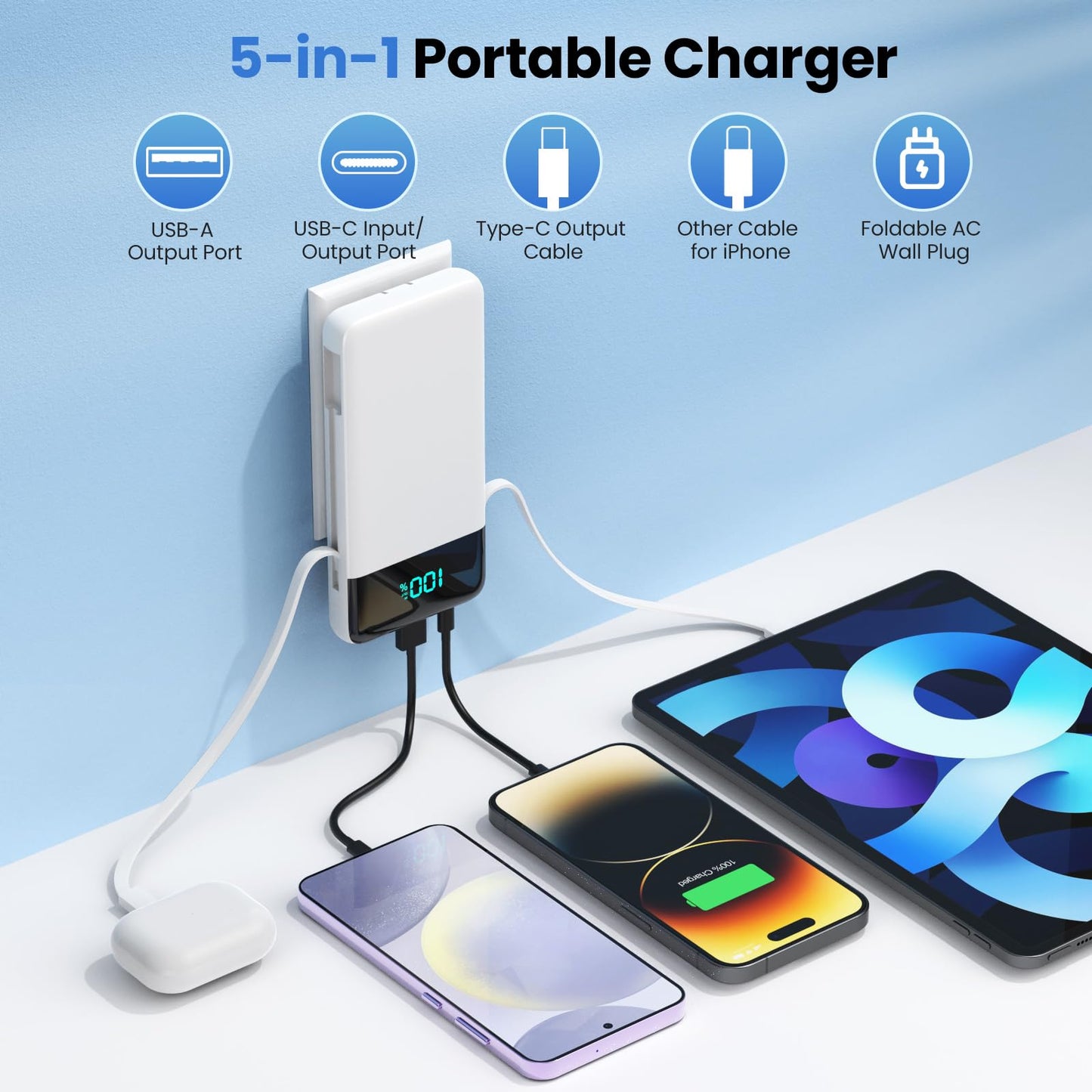 Wireless Portable Charger 40800mAh with 3 Built-in Cables,7-in-1 15W Wireless Charging Power Bank,25W PD QC 4.0 Fast Charging USB C LCD Display Battery Pack for iPhone 17/16/15/13,Samsung,Android etc