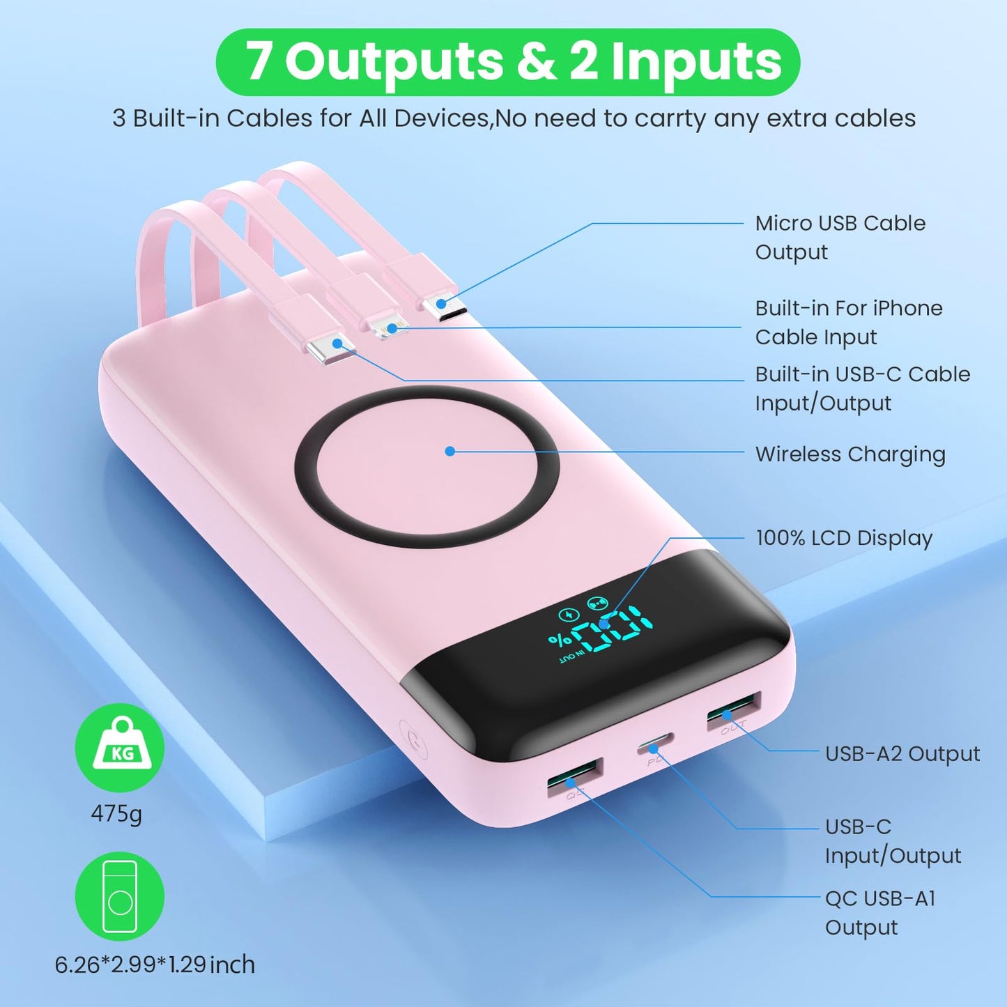 Wireless Portable Charger 40800mAh with 3 Built-in Cables,7-in-1 15W Wireless Charging Power Bank,25W PD QC 4.0 Fast Charging USB C LCD Display Battery Pack for iPhone 17/16/15/13,Samsung,Android etc