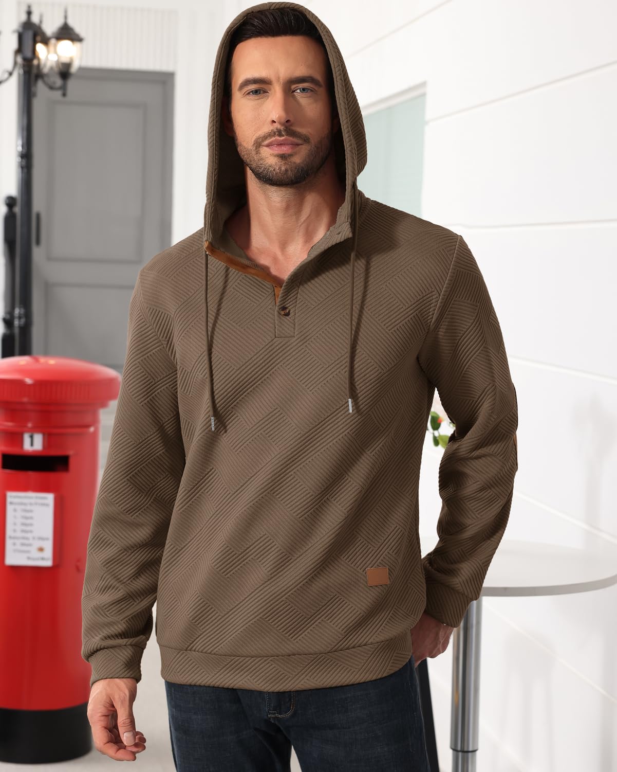 Men's Hoodies Pullover Casual Long Sleeve Stand Collar Button Pullover Sweatshirts Color Block Pullover Black L