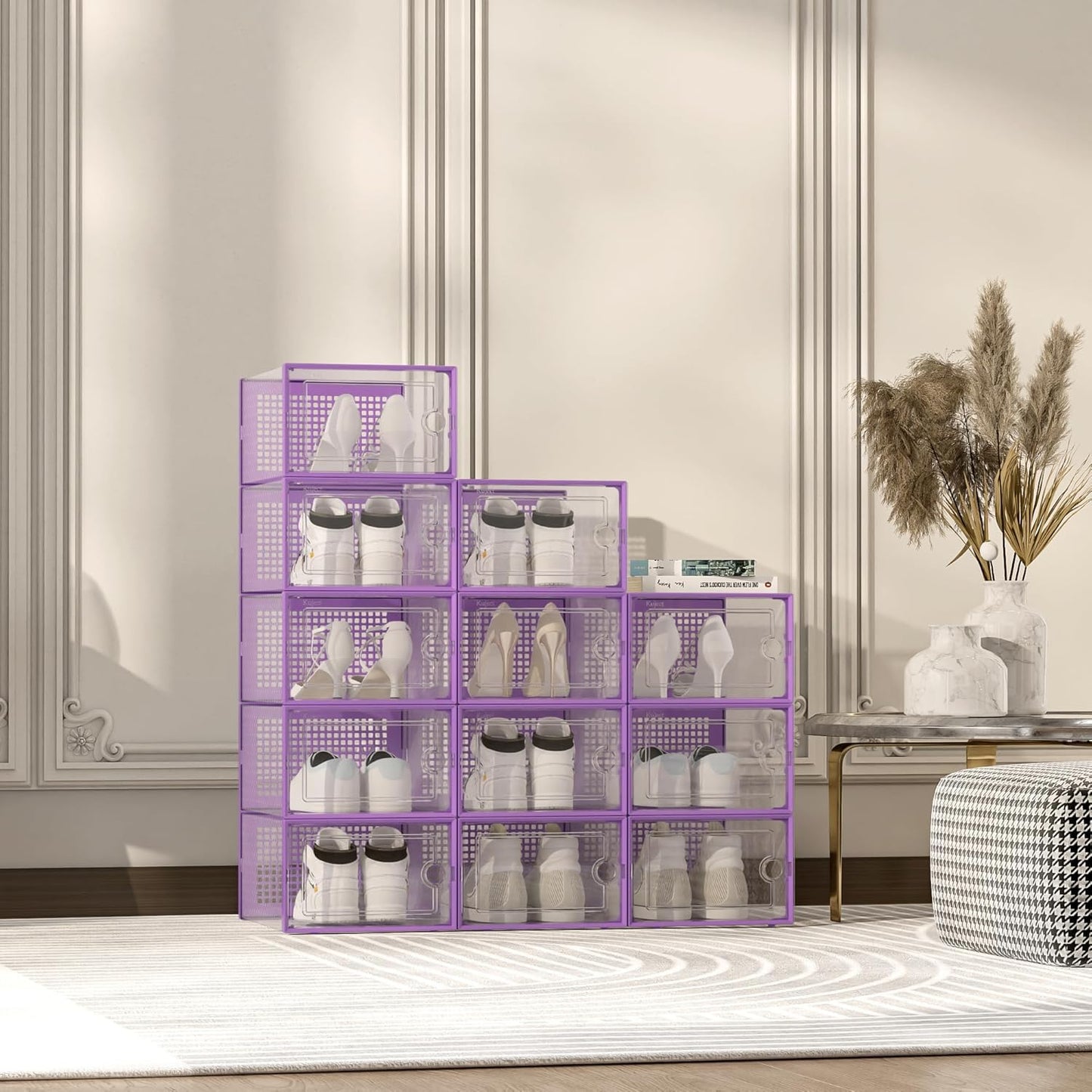 Shoe Storage Boxes Organizers Clear Plastic Stackable 12 Pack, Shoe Rack & Holder Substitute, Sneaker Containers, Toy Storage Organizer Bins for Entryway, Closet, Under Bed, Black