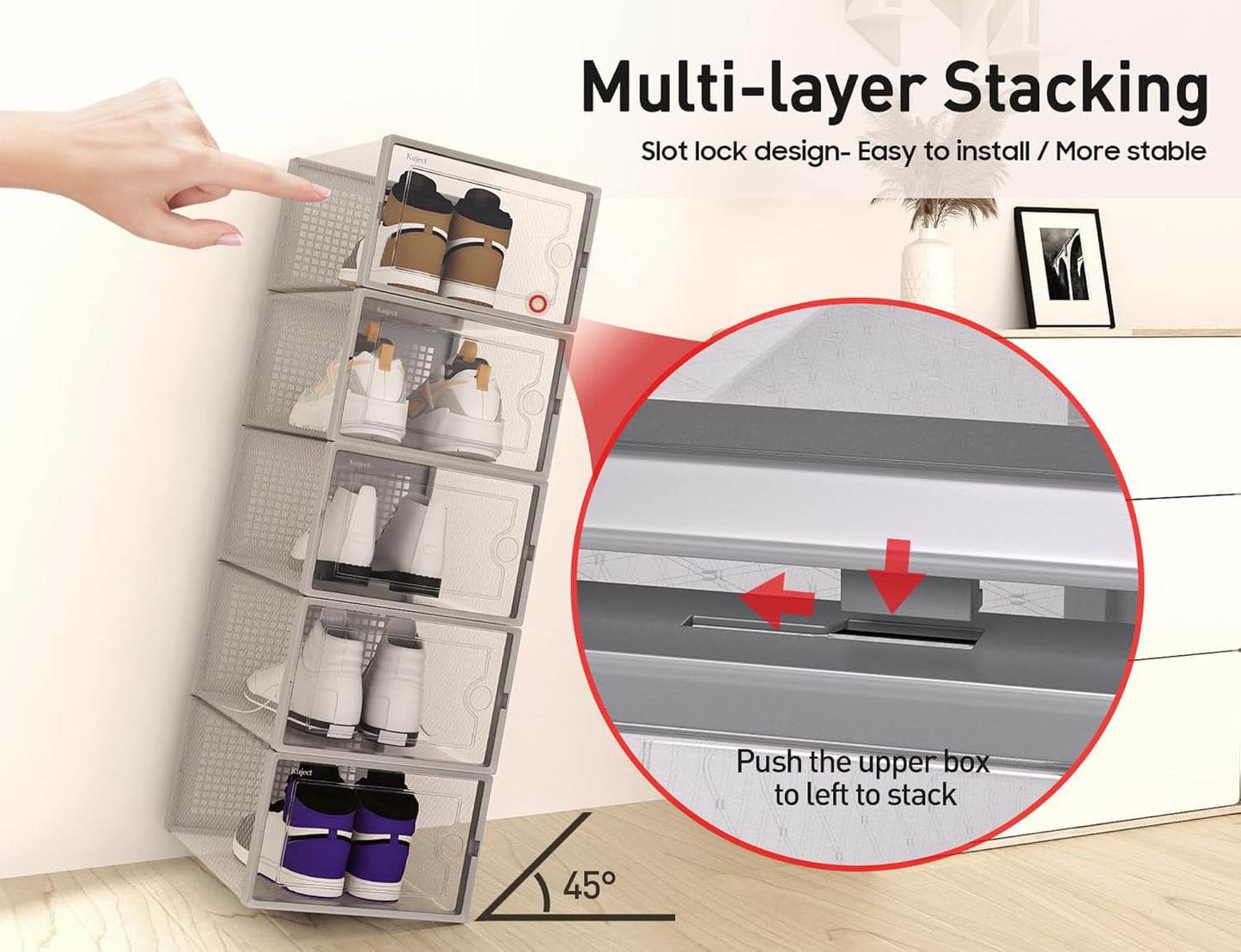 Shoe Storage Boxes Organizers Clear Plastic Stackable 12 Pack, Shoe Rack & Holder Substitute, Sneaker Containers, Toy Storage Organizer Bins for Entryway, Closet, Under Bed, Black