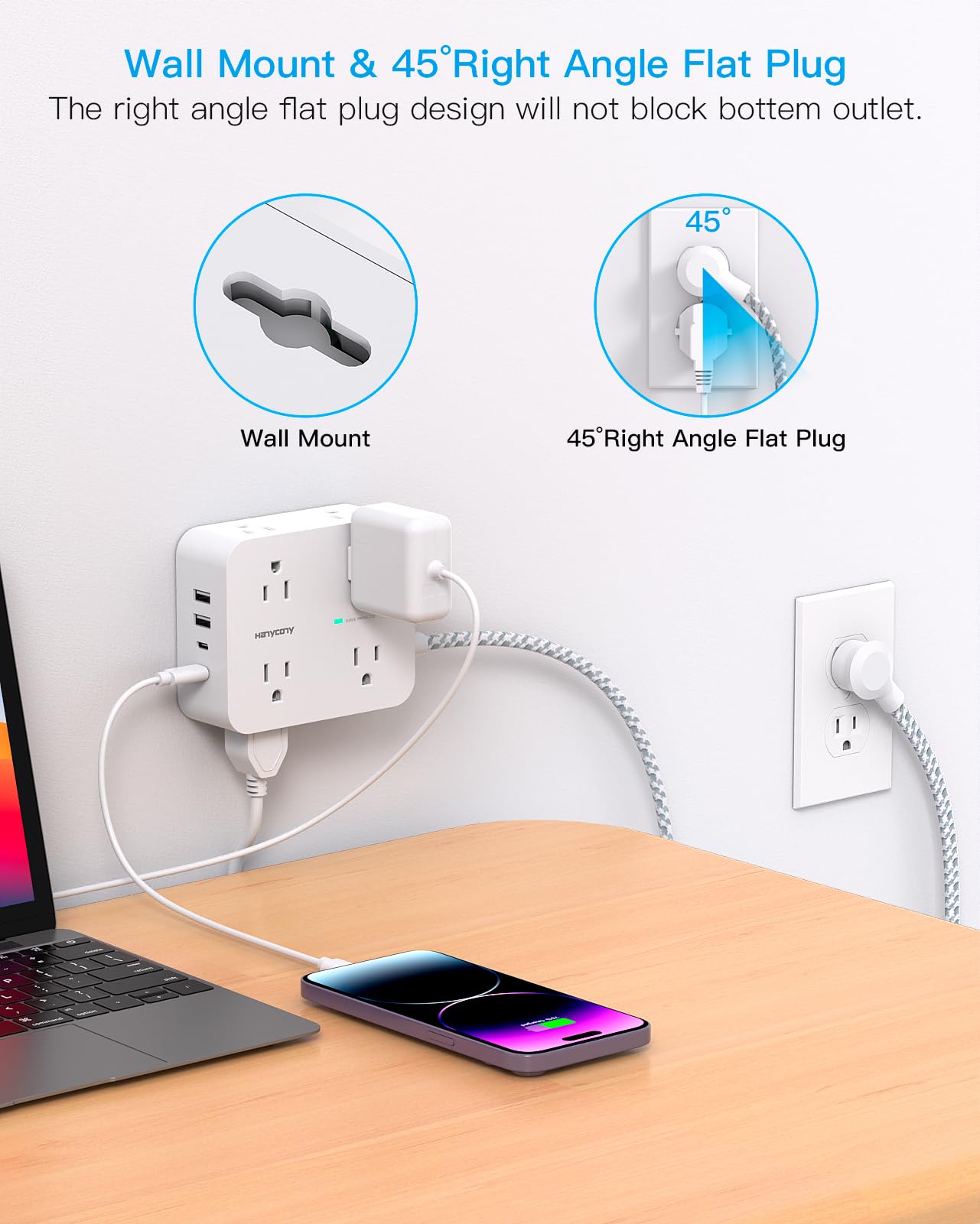Surge Protector Power Strip - HANYCONY 8 Outlets 4 USB (2 USB C) Charging Ports, Multi Plug Outlet Extender, 5Ft Braided Extension Cord, Flat Plug Wall Mount Desk Charging Station for Home Office ETL