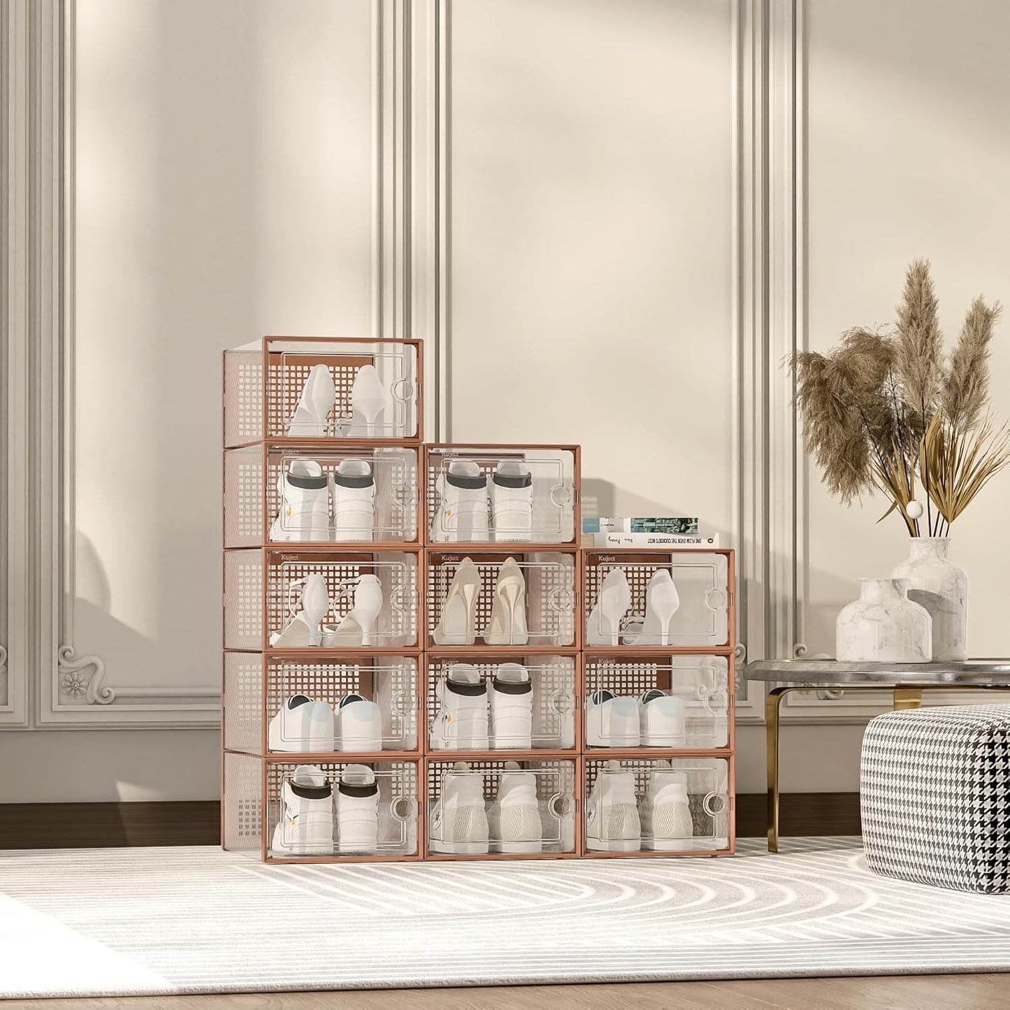 Shoe Storage Boxes Organizers Clear Plastic Stackable 12 Pack, Shoe Rack & Holder Substitute, Sneaker Containers, Toy Storage Organizer Bins for Entryway, Closet, Under Bed, Black