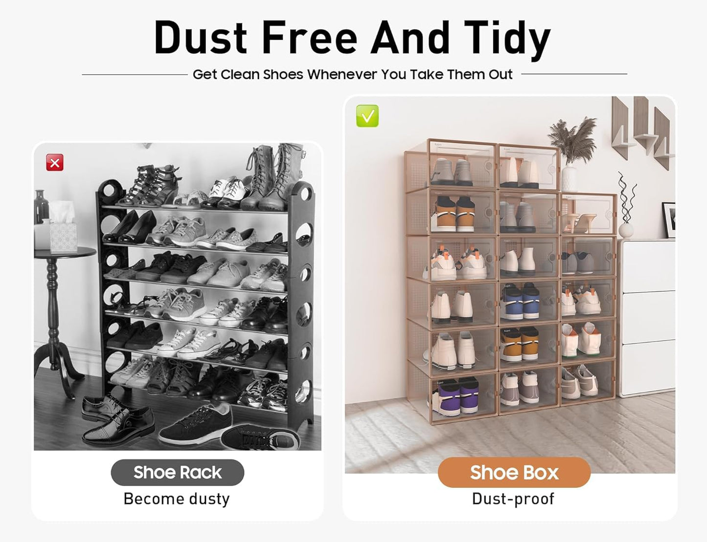 Shoe Storage Boxes Organizers Clear Plastic Stackable 12 Pack, Shoe Rack & Holder Substitute, Sneaker Containers, Toy Storage Organizer Bins for Entryway, Closet, Under Bed, Black