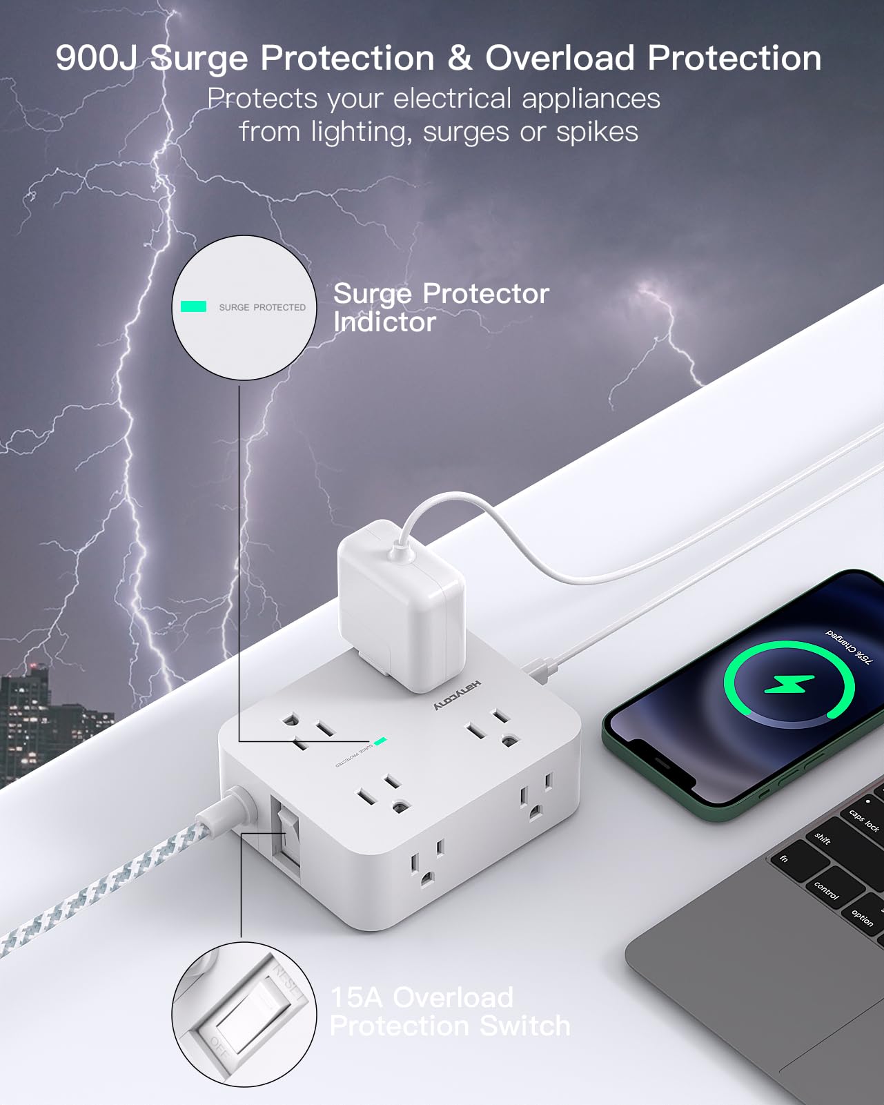 Surge Protector Power Strip - HANYCONY 8 Outlets 4 USB (2 USB C) Charging Ports, Multi Plug Outlet Extender, 5Ft Braided Extension Cord, Flat Plug Wall Mount Desk Charging Station for Home Office ETL