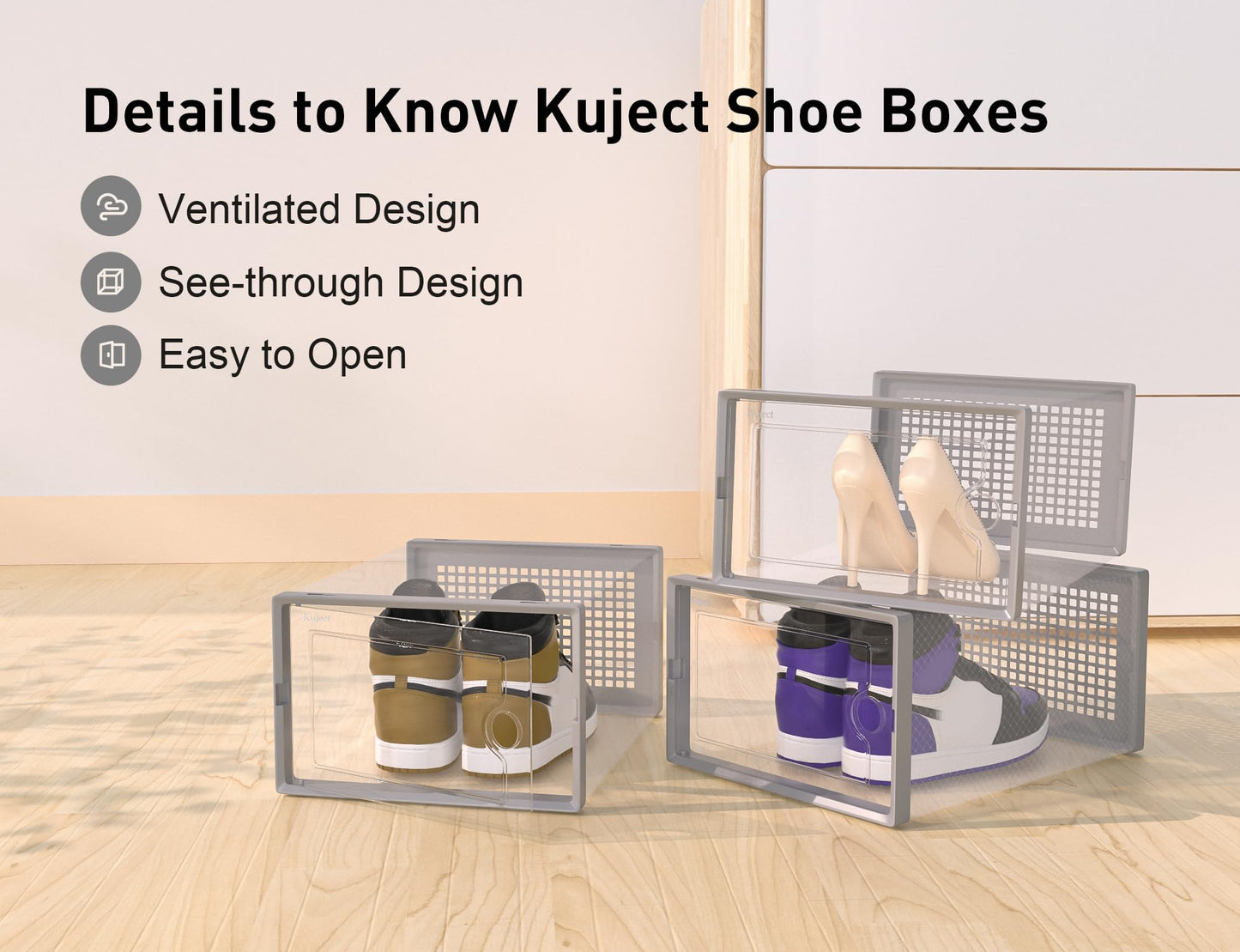 Shoe Storage Boxes Organizers Clear Plastic Stackable 12 Pack, Shoe Rack & Holder Substitute, Sneaker Containers, Toy Storage Organizer Bins for Entryway, Closet, Under Bed, Black