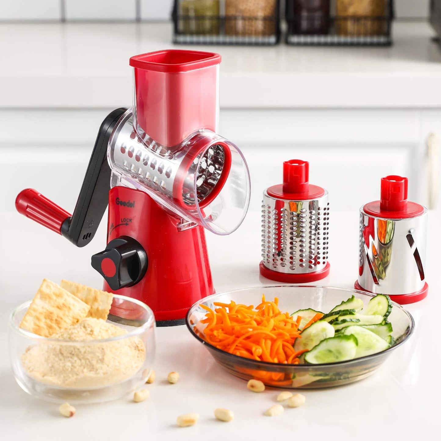 Rotary Cheese Grater, Kitchen Mandoline Vegetable Slicer with 3 Interchangeable Blades, Easy to Clean Grater for Fruit, Vegetables, Nuts