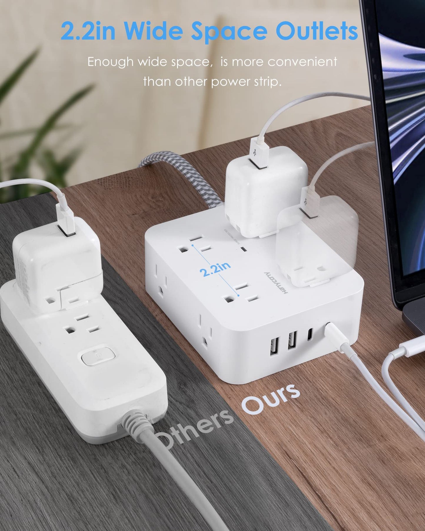 Surge Protector Power Strip - HANYCONY 8 Outlets 4 USB (2 USB C) Charging Ports, Multi Plug Outlet Extender, 5Ft Braided Extension Cord, Flat Plug Wall Mount Desk Charging Station for Home Office ETL