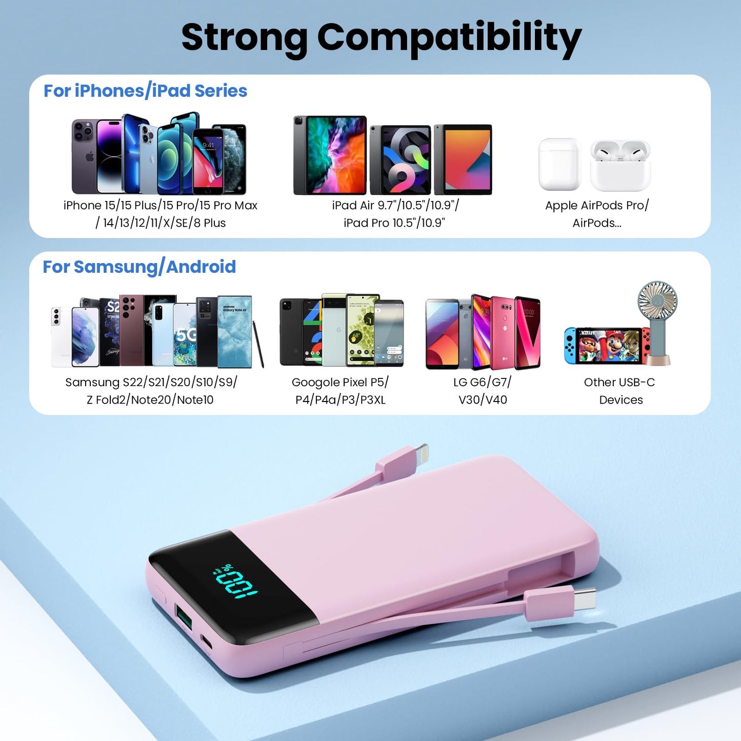 Wireless Portable Charger 40800mAh with 3 Built-in Cables,7-in-1 15W Wireless Charging Power Bank,25W PD QC 4.0 Fast Charging USB C LCD Display Battery Pack for iPhone 17/16/15/13,Samsung,Android etc