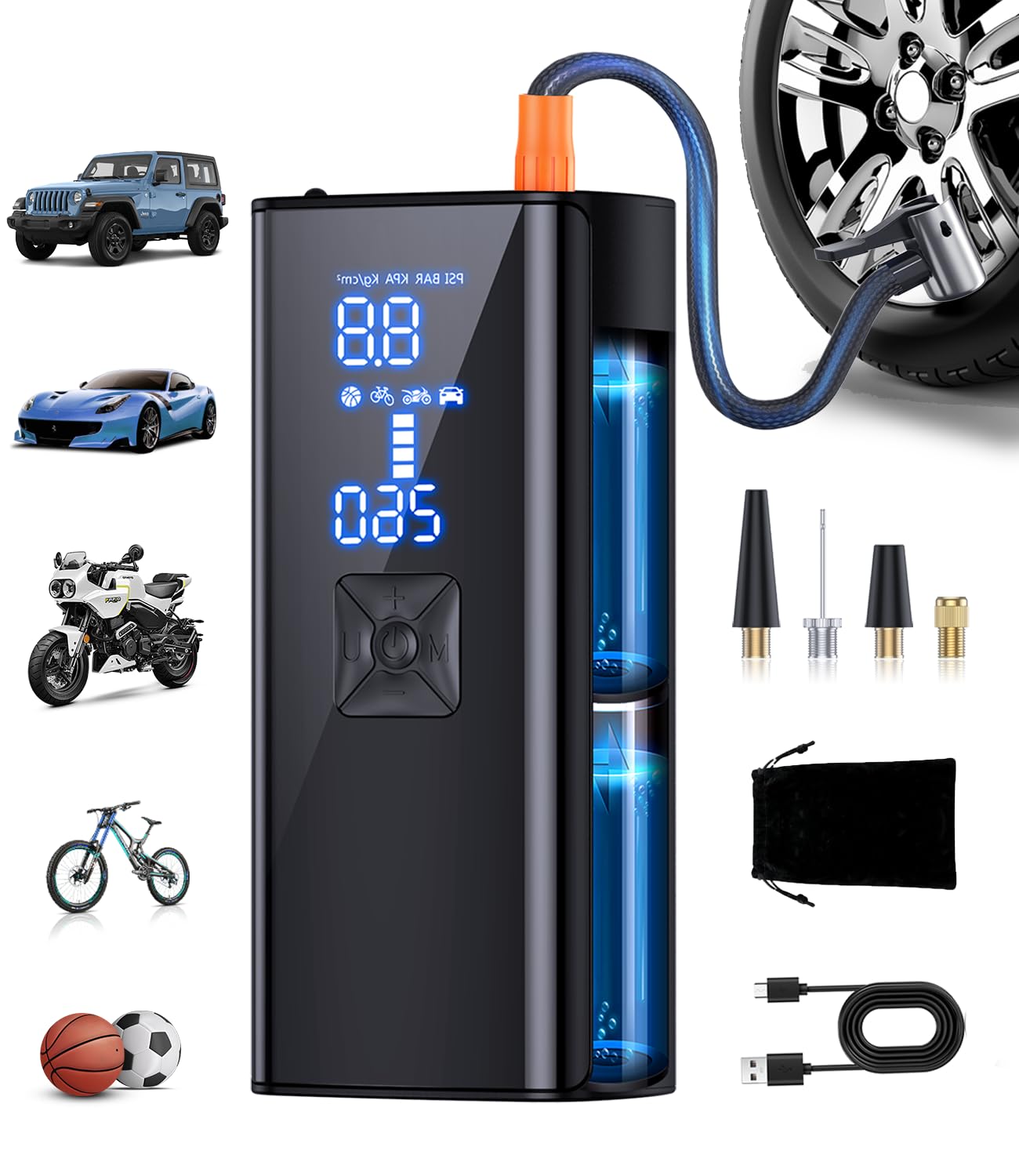 Tire Inflator Portable Air Compressor, 2X Faster Inflation Portable Air Pump with Digital Pressure Gauge & LED Light, 150PSI Tire Pump for Car, Motorcycle, Bicycle, Ball and More