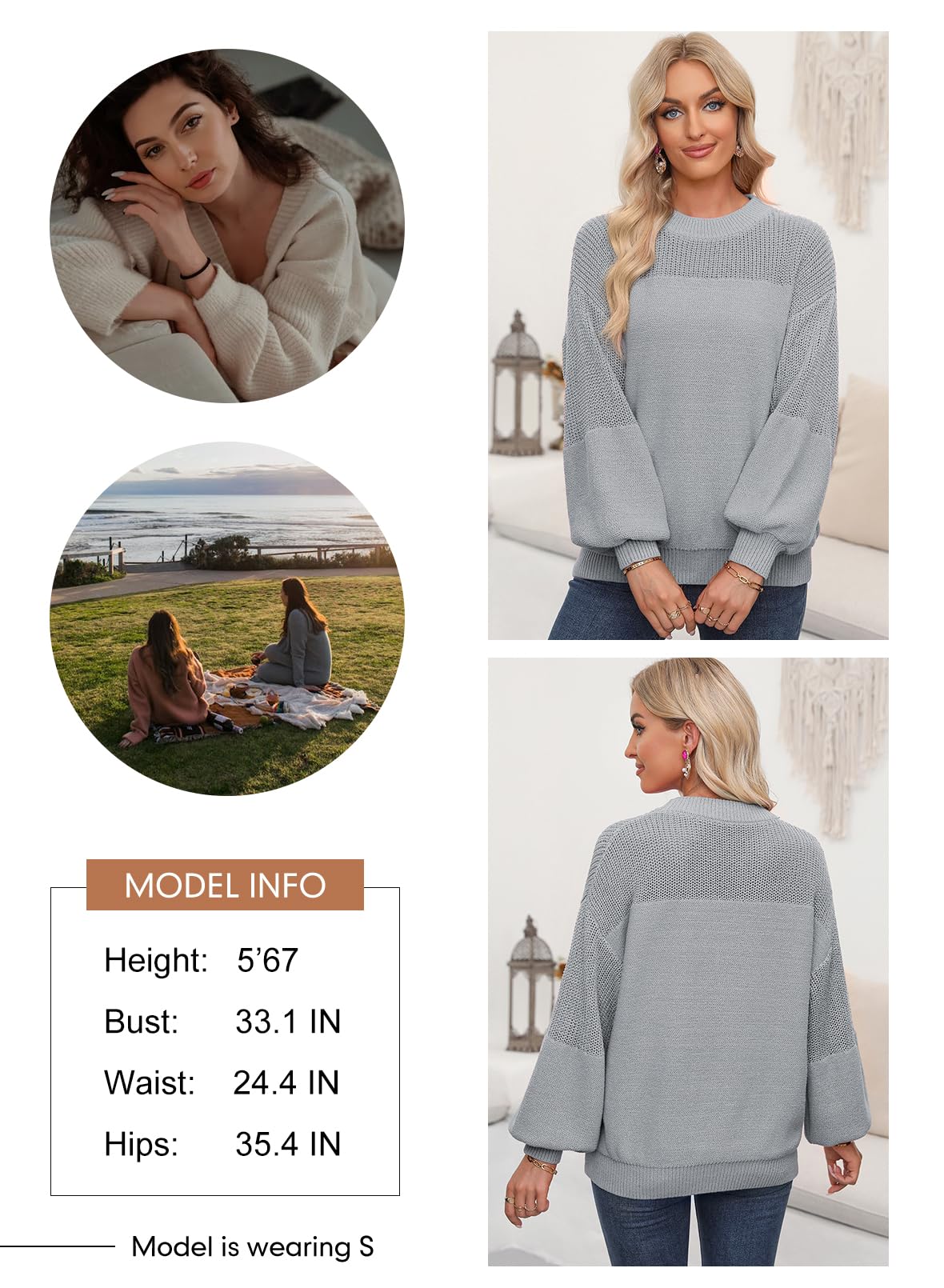 Womens Long Sleeve Knit Sweater Casual Solid Color Crew Neck Fall Sweaters for Women Trendy 2025 Outfits Chocolate Brown Fall Clothes Clothing Winter Oversized Pullover Top Jumper Medium