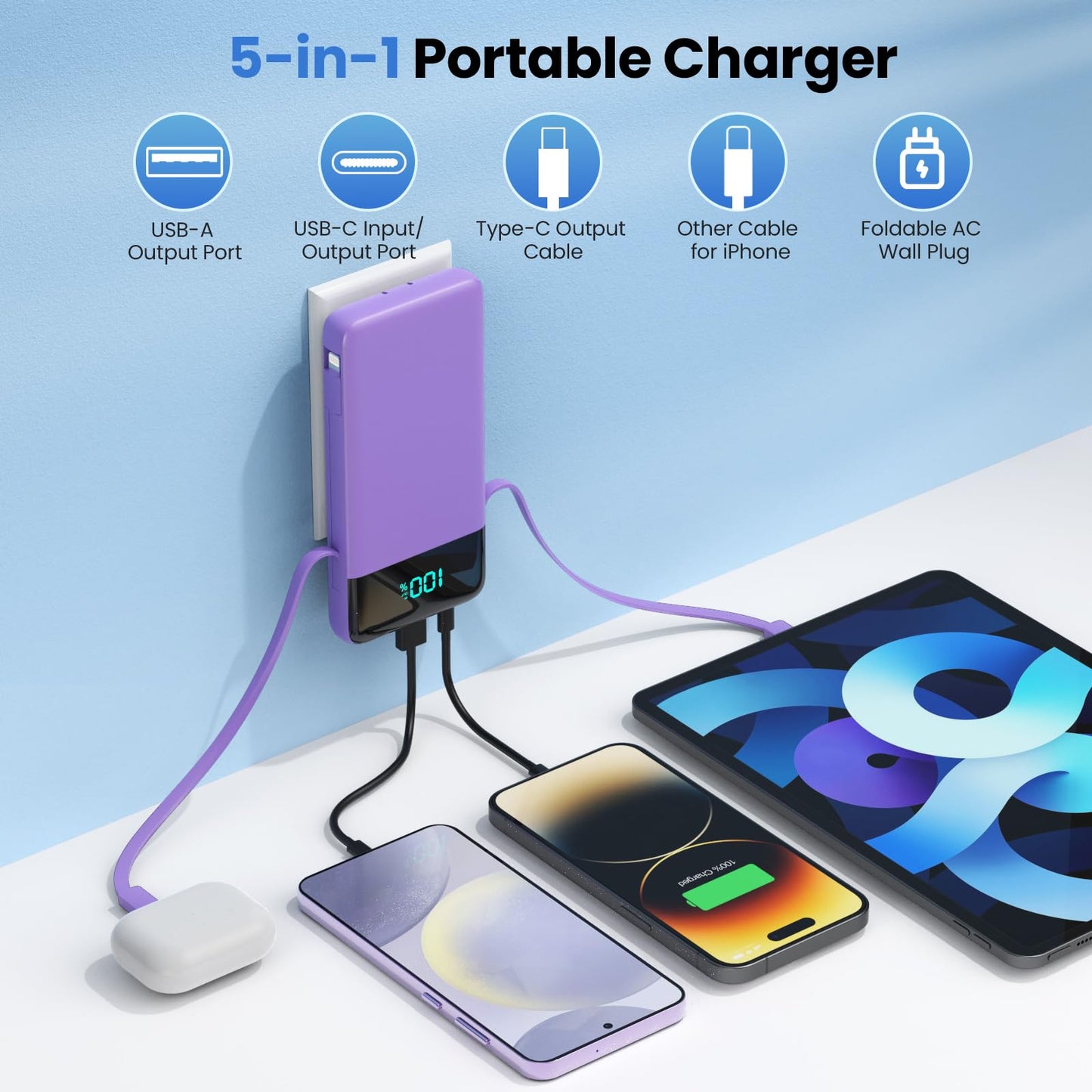 Wireless Portable Charger 40800mAh with 3 Built-in Cables,7-in-1 15W Wireless Charging Power Bank,25W PD QC 4.0 Fast Charging USB C LCD Display Battery Pack for iPhone 17/16/15/13,Samsung,Android etc