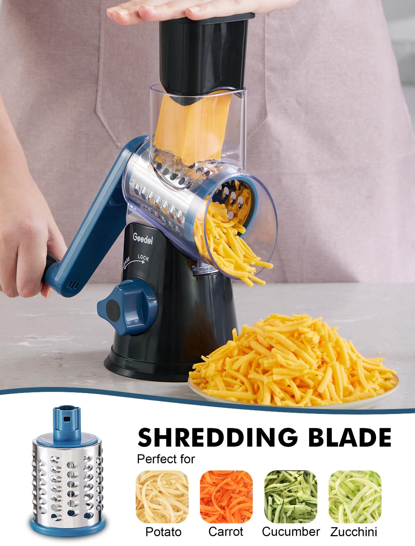 Rotary Cheese Grater, Kitchen Mandoline Vegetable Slicer with 3 Interchangeable Blades, Easy to Clean Grater for Fruit, Vegetables, Nuts