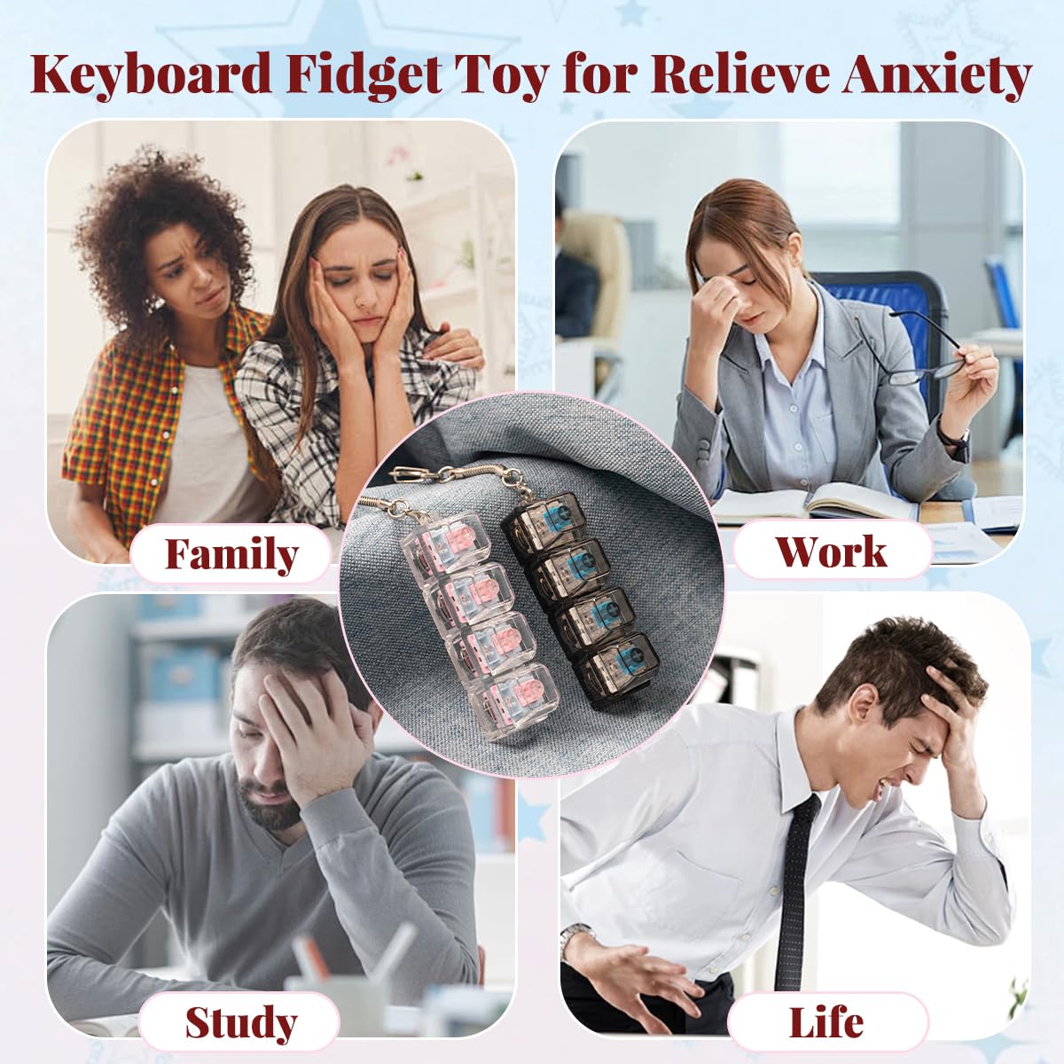 2 Pcs Keyboard Fidget Toy for Adults Fidget Keyboard Clicker Toys with LED Lights Keychain Stress Relief for Anxiety Decompression (Black and White)