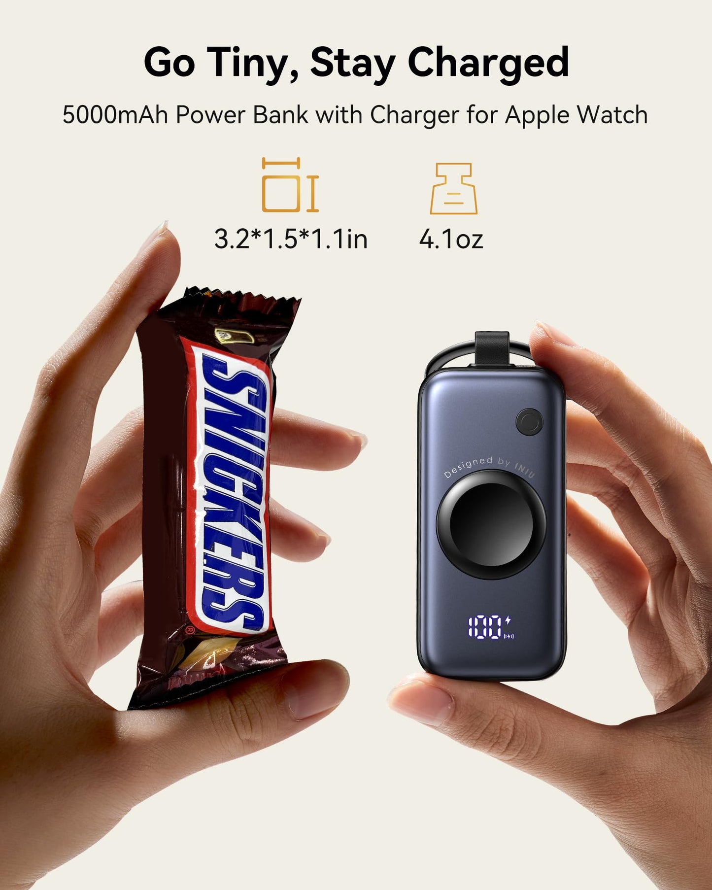 Portable Charger, 5000mAh 20W External Phone Battery Pack, PD Fast Charging Keychain Power Bank with USB C Cable and Watch Charger, for iPhone 17 16 15 Air, Apple Watch Ultra 11 10 9 8 SE, etc.