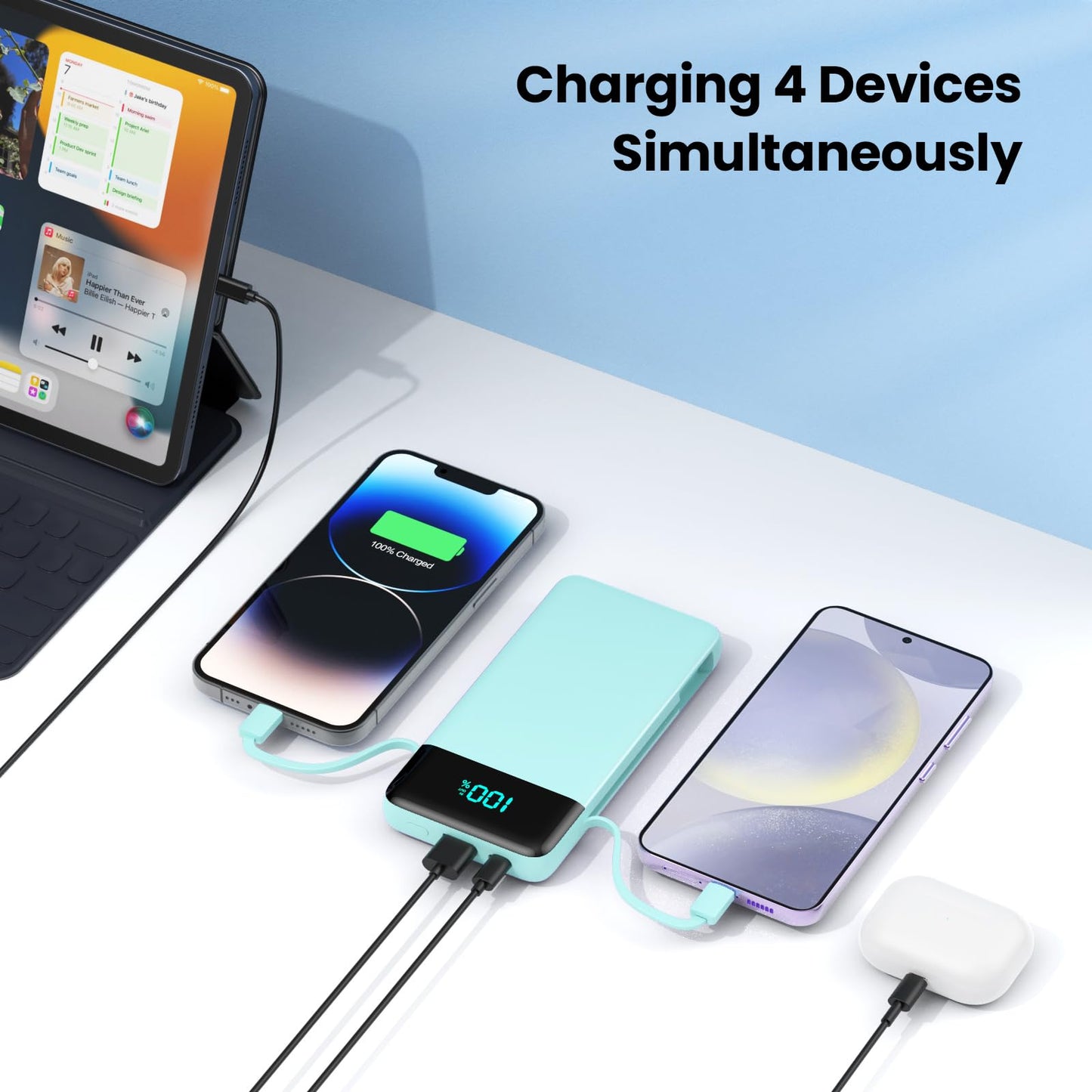 Wireless Portable Charger 40800mAh with 3 Built-in Cables,7-in-1 15W Wireless Charging Power Bank,25W PD QC 4.0 Fast Charging USB C LCD Display Battery Pack for iPhone 17/16/15/13,Samsung,Android etc