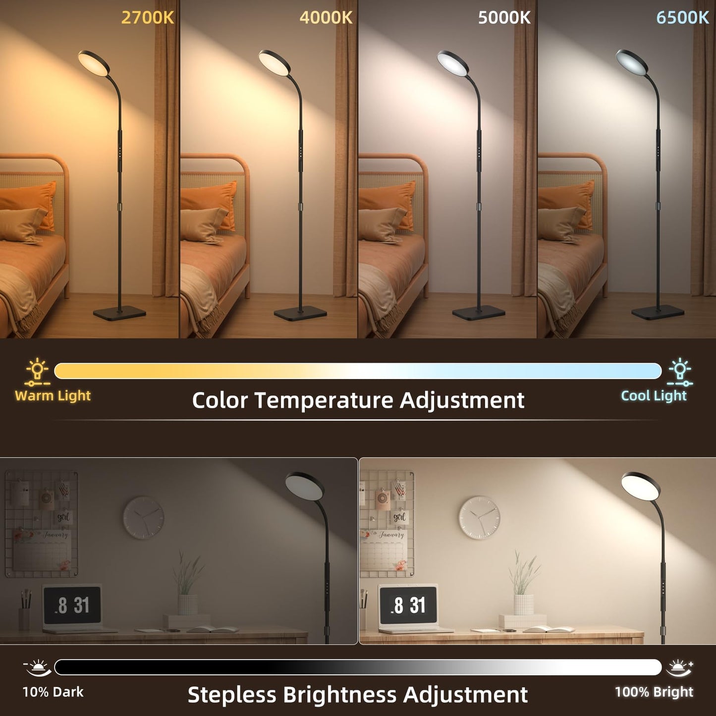 Floor Lamp, Adjustable Height Floor Lamps for Living Room Bedroom, 120 LED Super Bright Standing Lamp Remote & Touch Control Dimmable Gooseneck Tall Stand Reading Lamp for Office Craft, Black