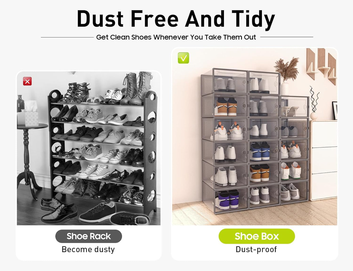 Shoe Storage Boxes Organizers Clear Plastic Stackable 12 Pack, Shoe Rack & Holder Substitute, Sneaker Containers, Toy Storage Organizer Bins for Entryway, Closet, Under Bed, Black