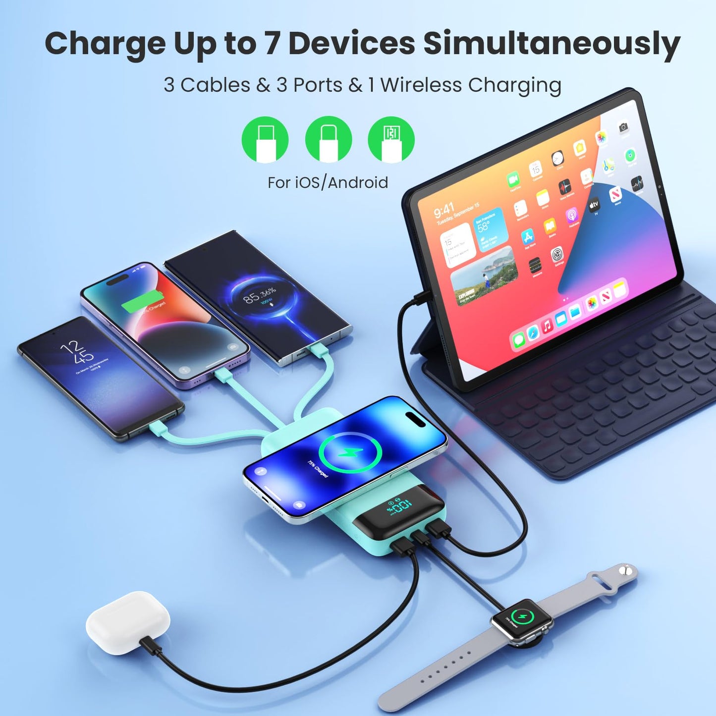 Wireless Portable Charger 40800mAh with 3 Built-in Cables,7-in-1 15W Wireless Charging Power Bank,25W PD QC 4.0 Fast Charging USB C LCD Display Battery Pack for iPhone 17/16/15/13,Samsung,Android etc