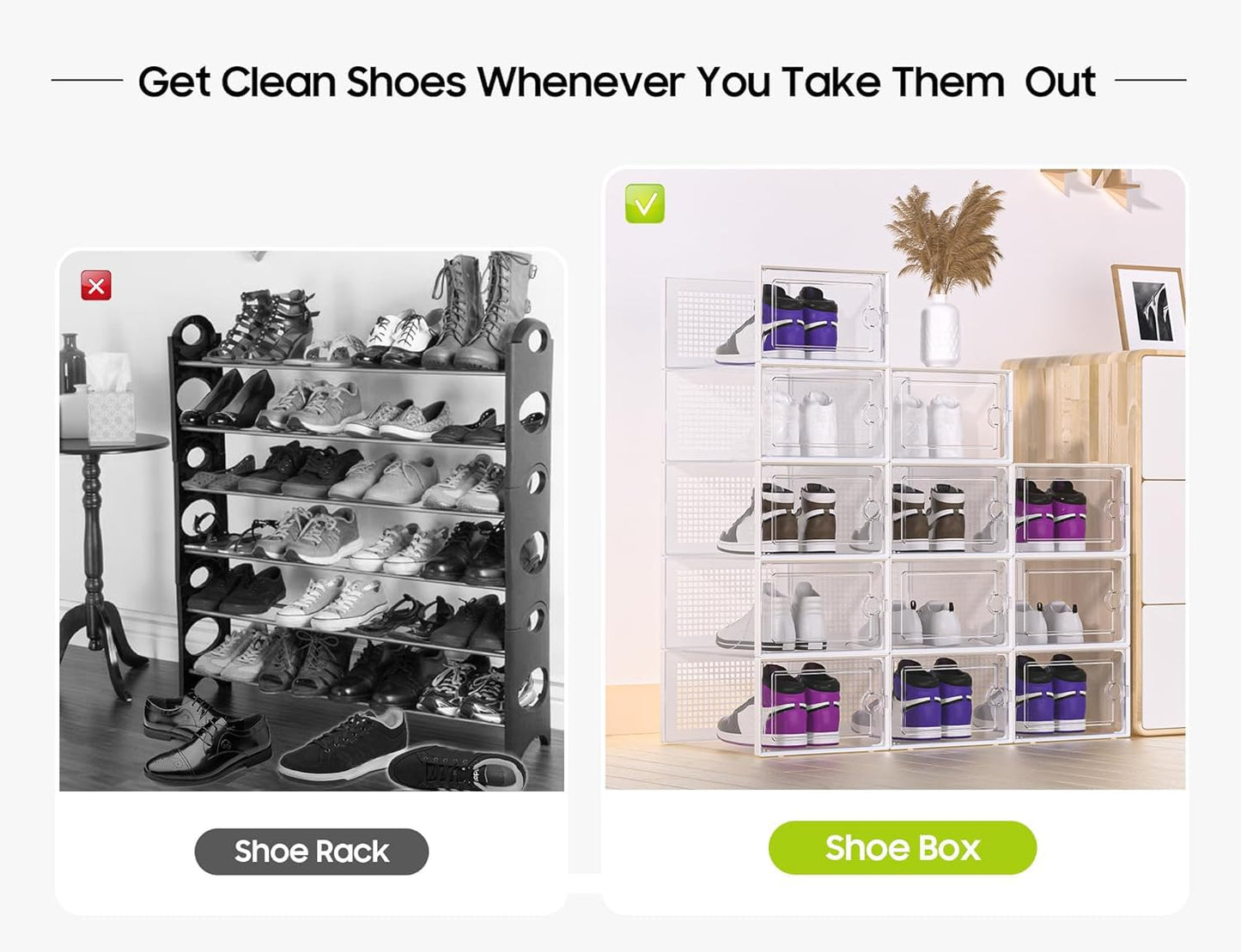 Shoe Storage Boxes Organizers Clear Plastic Stackable 12 Pack, Shoe Rack & Holder Substitute, Sneaker Containers, Toy Storage Organizer Bins for Entryway, Closet, Under Bed, Black