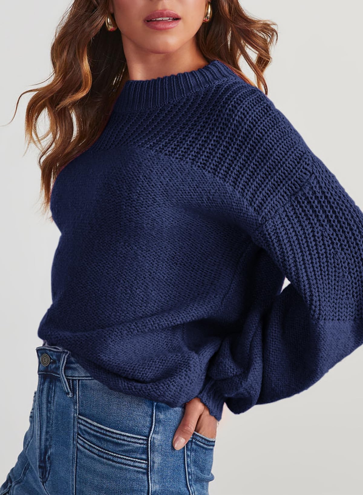 Womens Long Sleeve Knit Sweater Casual Solid Color Crew Neck Fall Sweaters for Women Trendy 2025 Outfits Chocolate Brown Fall Clothes Clothing Winter Oversized Pullover Top Jumper Medium