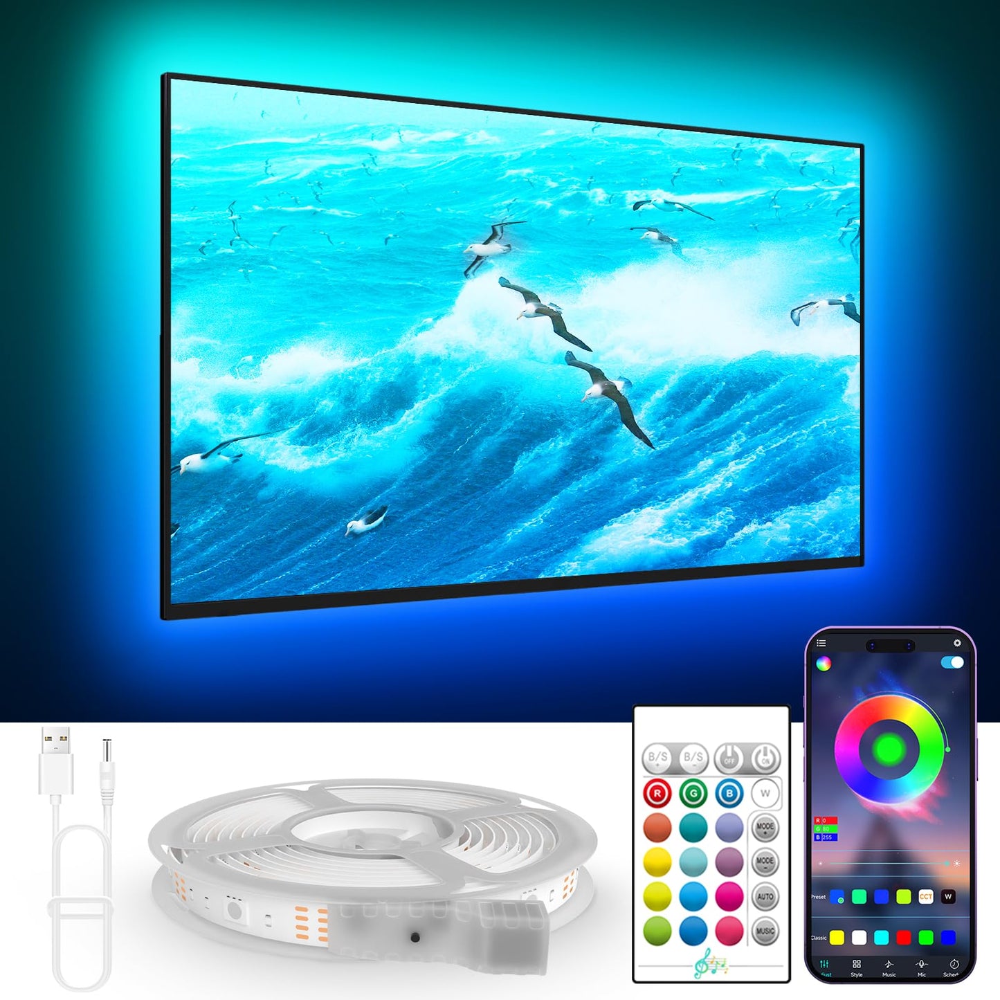 TV Backlights, 13.1FT LED Lights for 32-65 Inch TV, RGB TV LED Lights Behind, Music Sync Bluetooth APP and Remote Control TV LED Strip Lights USB Powered for Gaming/Bedroom