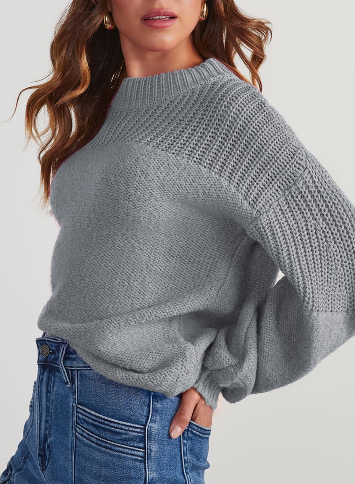Womens Long Sleeve Knit Sweater Casual Solid Color Crew Neck Fall Sweaters for Women Trendy 2025 Outfits Chocolate Brown Fall Clothes Clothing Winter Oversized Pullover Top Jumper Medium