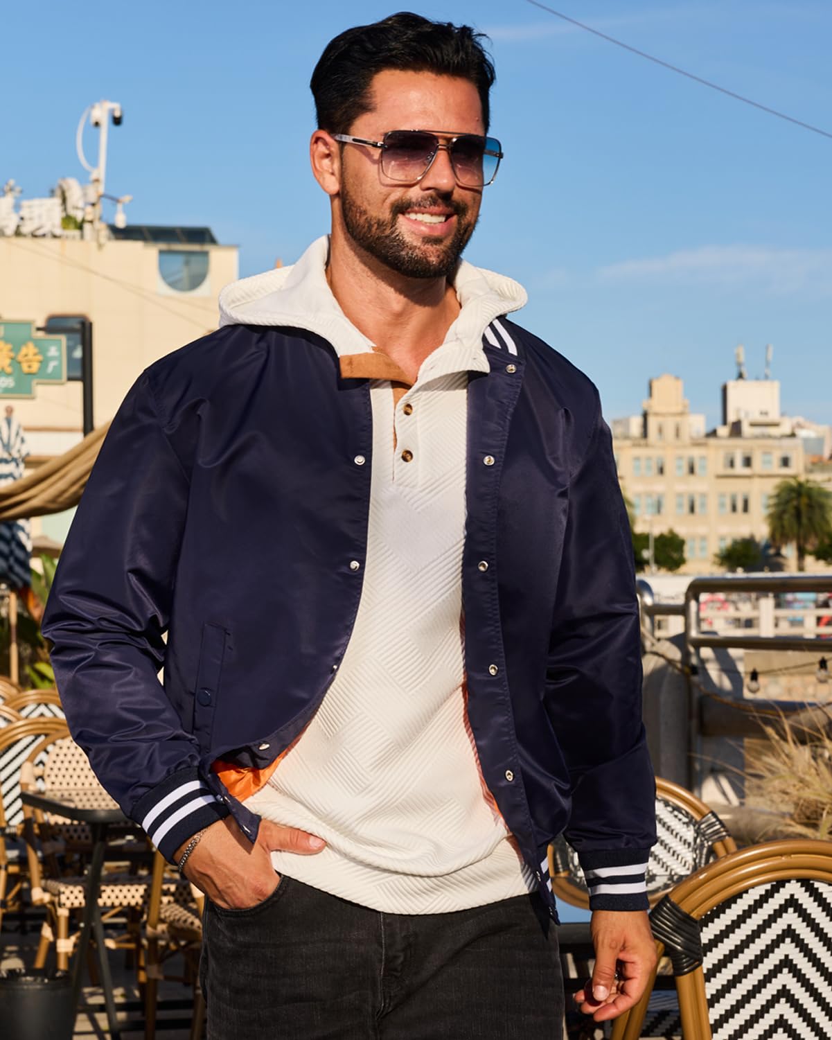 Men's Hoodies Pullover Casual Long Sleeve Stand Collar Button Pullover Sweatshirts Color Block Pullover Black L