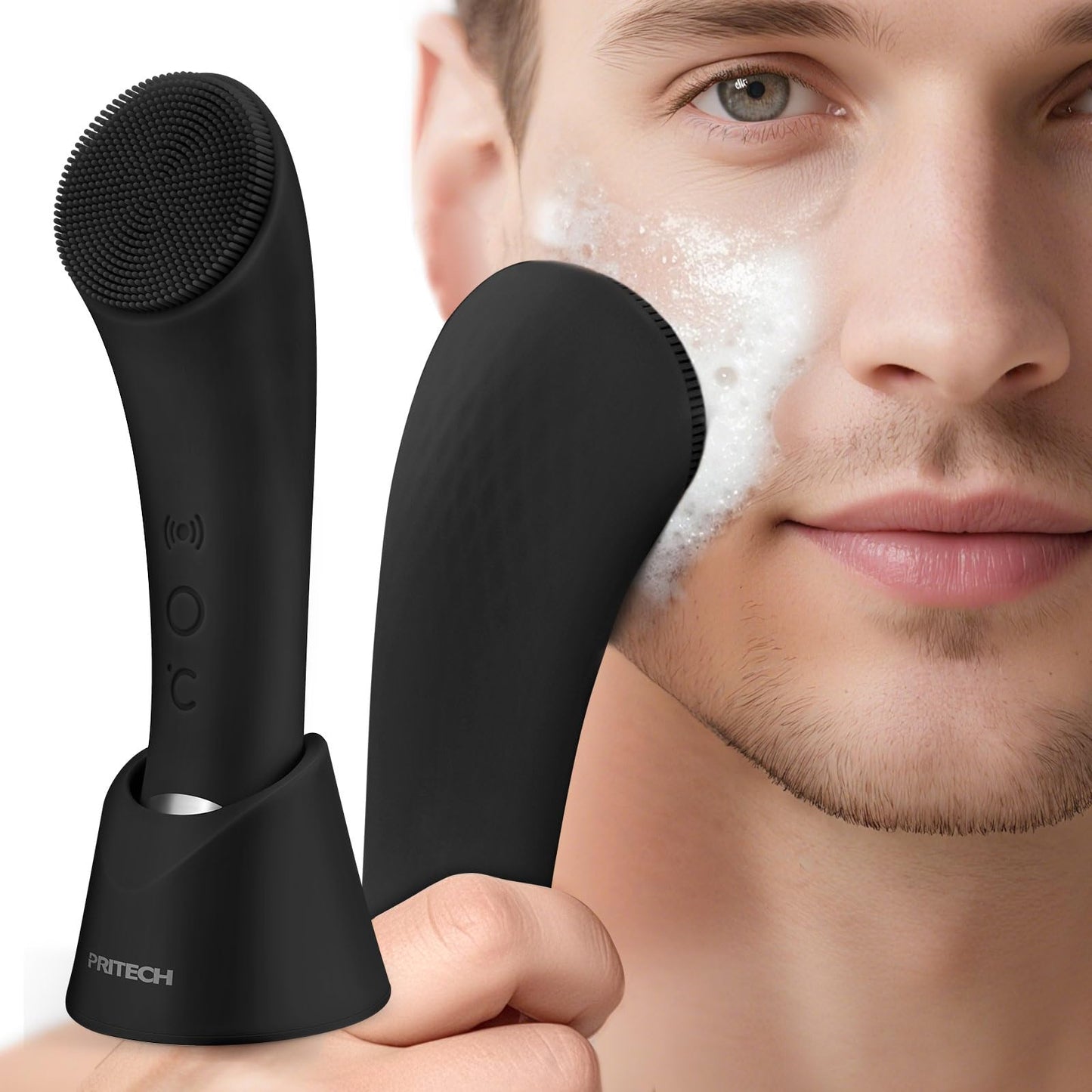 Silicone Face Scrubber, Rechargeable Facial Cleansing Brush with Heat Massage End, Vibrating Exfoliator Scrubber for Deep Cleaning, Waterproof Face Brush for Women and Men