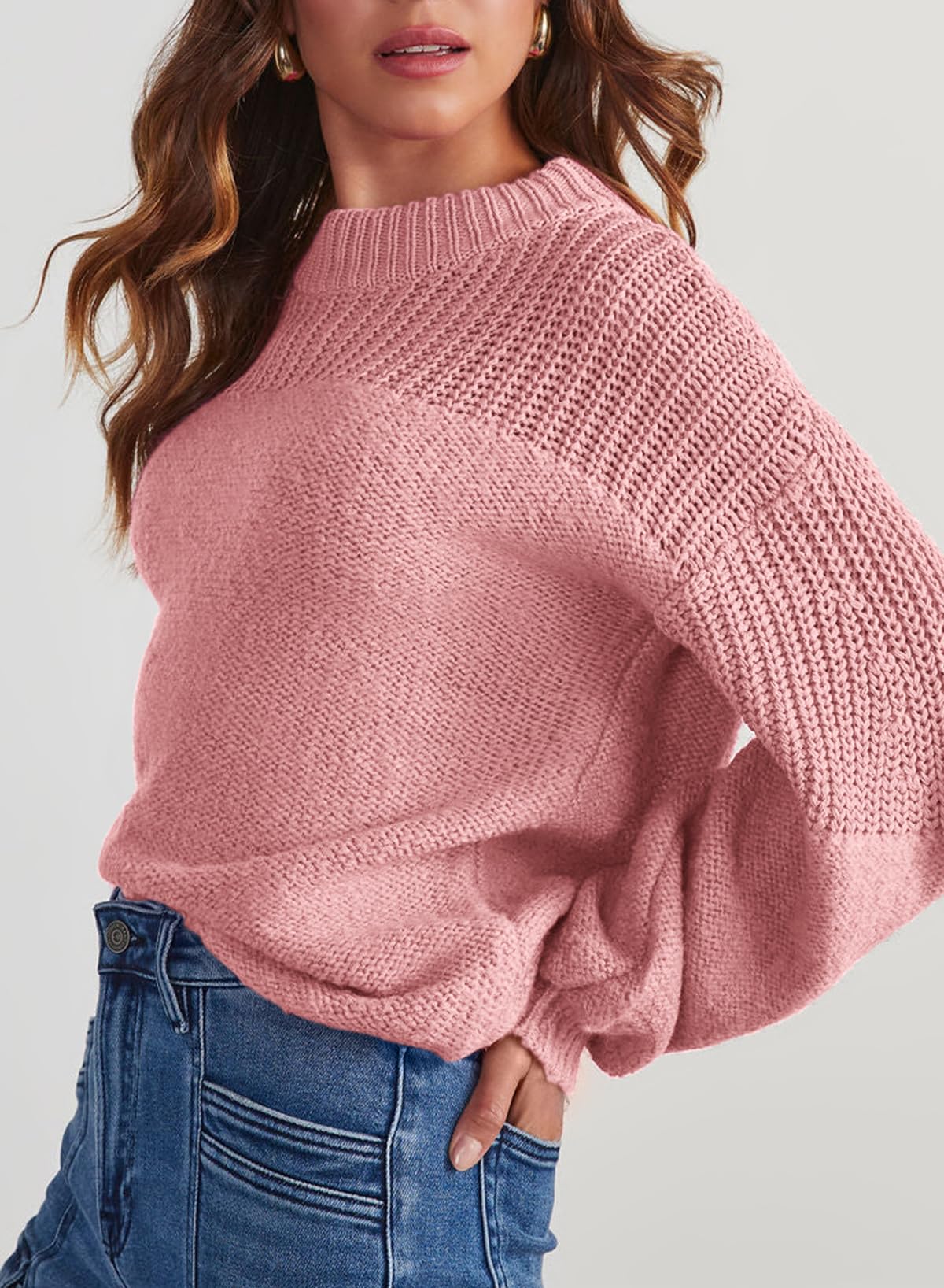 Womens Long Sleeve Knit Sweater Casual Solid Color Crew Neck Fall Sweaters for Women Trendy 2025 Outfits Chocolate Brown Fall Clothes Clothing Winter Oversized Pullover Top Jumper Medium