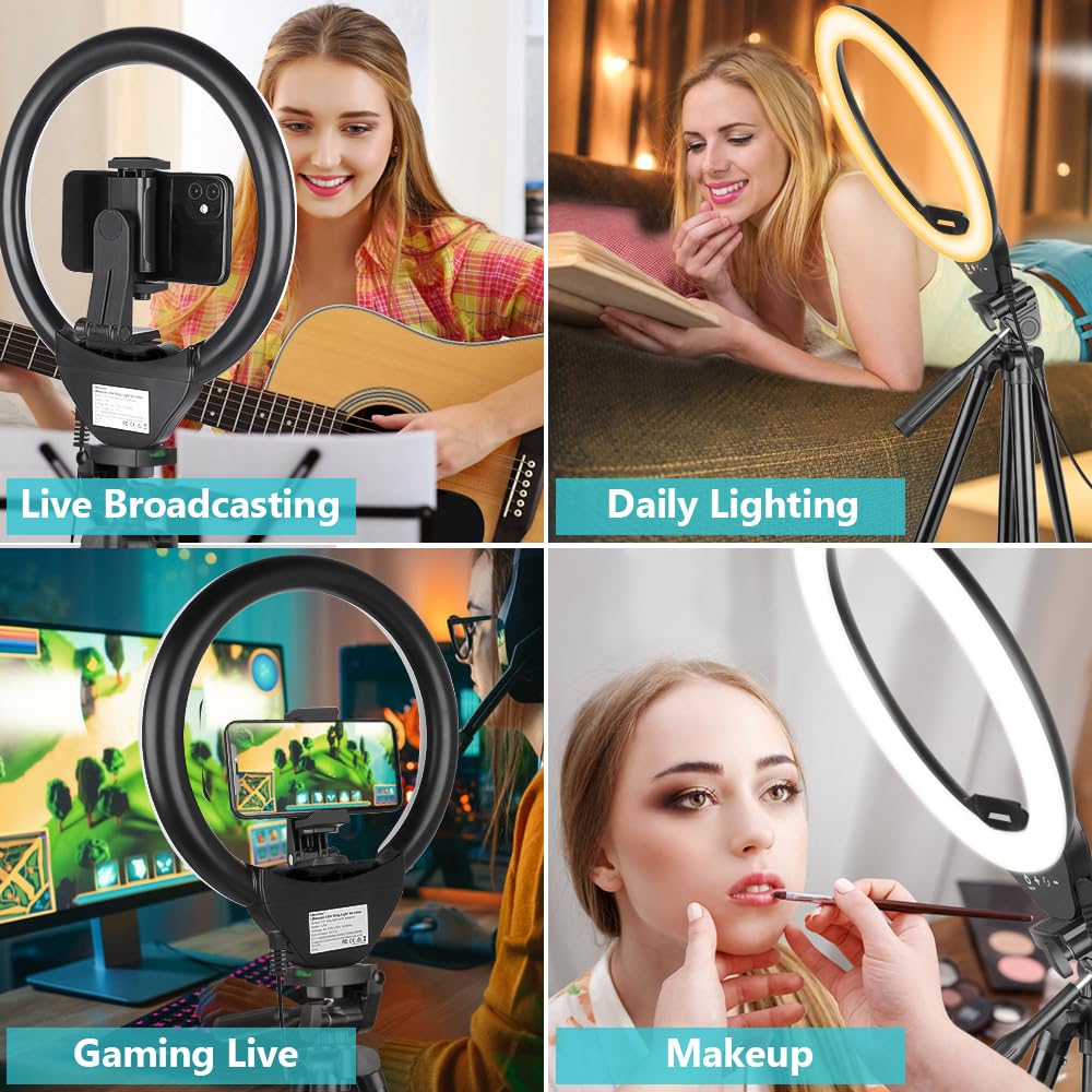 10'' Ring Light with 50'' Extendable Tripod Stand, LED Circle Lights with Phone Holder for Live Stream/Makeup/YouTube Video/TikTok, Compatible with All Phones