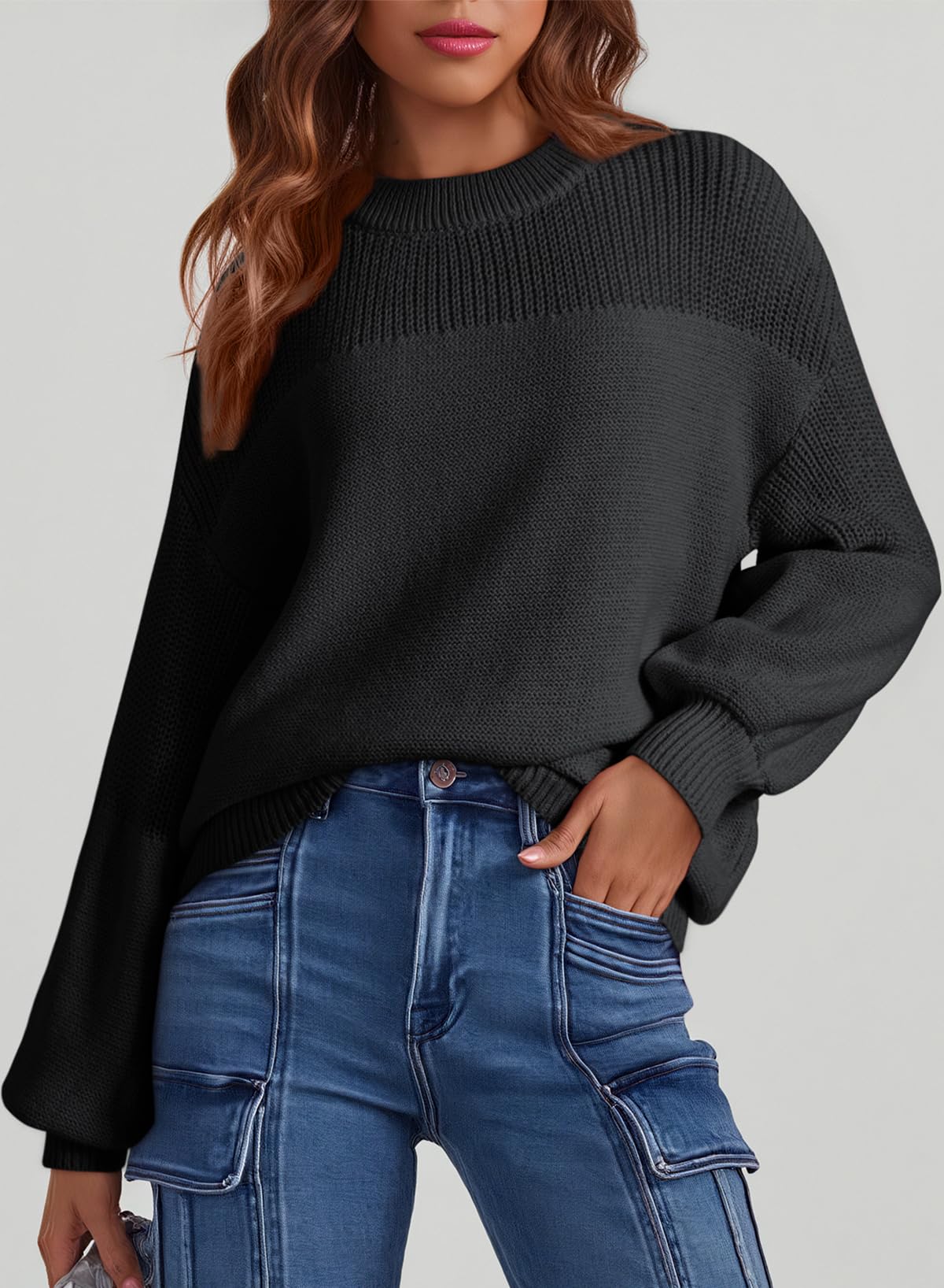 Womens Long Sleeve Knit Sweater Casual Solid Color Crew Neck Fall Sweaters for Women Trendy 2025 Outfits Chocolate Brown Fall Clothes Clothing Winter Oversized Pullover Top Jumper Medium