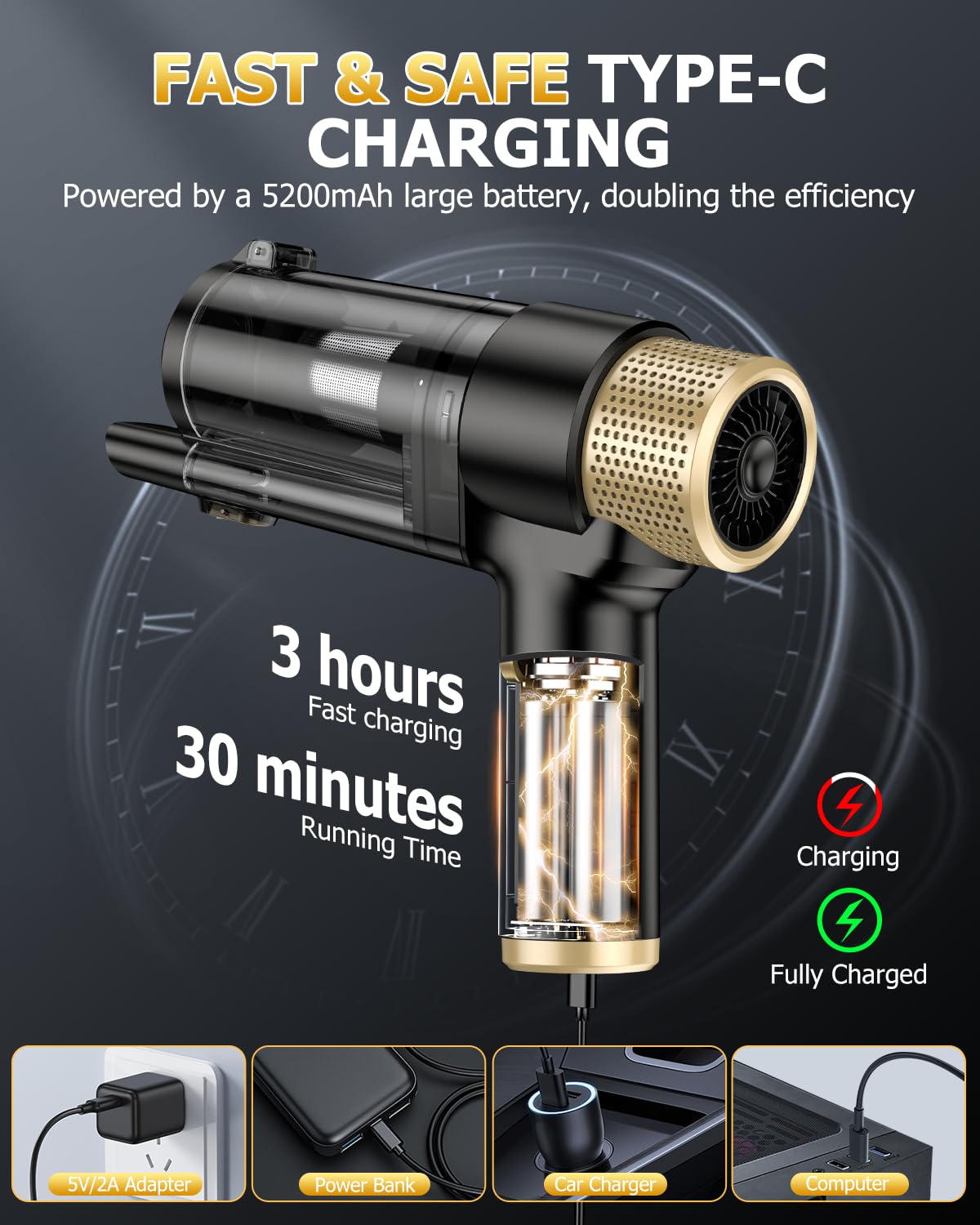 Handheld Car Vacuum Cleaner Cordless with 16000PA Powerful Suction, 4-in-1 Portable Mini Vacuum Cleaner & Air Duster with Multi-Accessories, Hand Held Vacuum Cordless Rechargeable for Car Home