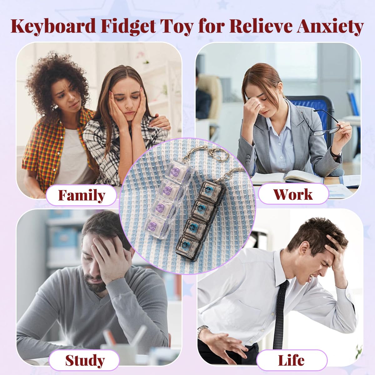 2 Pcs Keyboard Fidget Toy for Adults Fidget Keyboard Clicker Toys with LED Lights Keychain Stress Relief for Anxiety Decompression (Black and White)