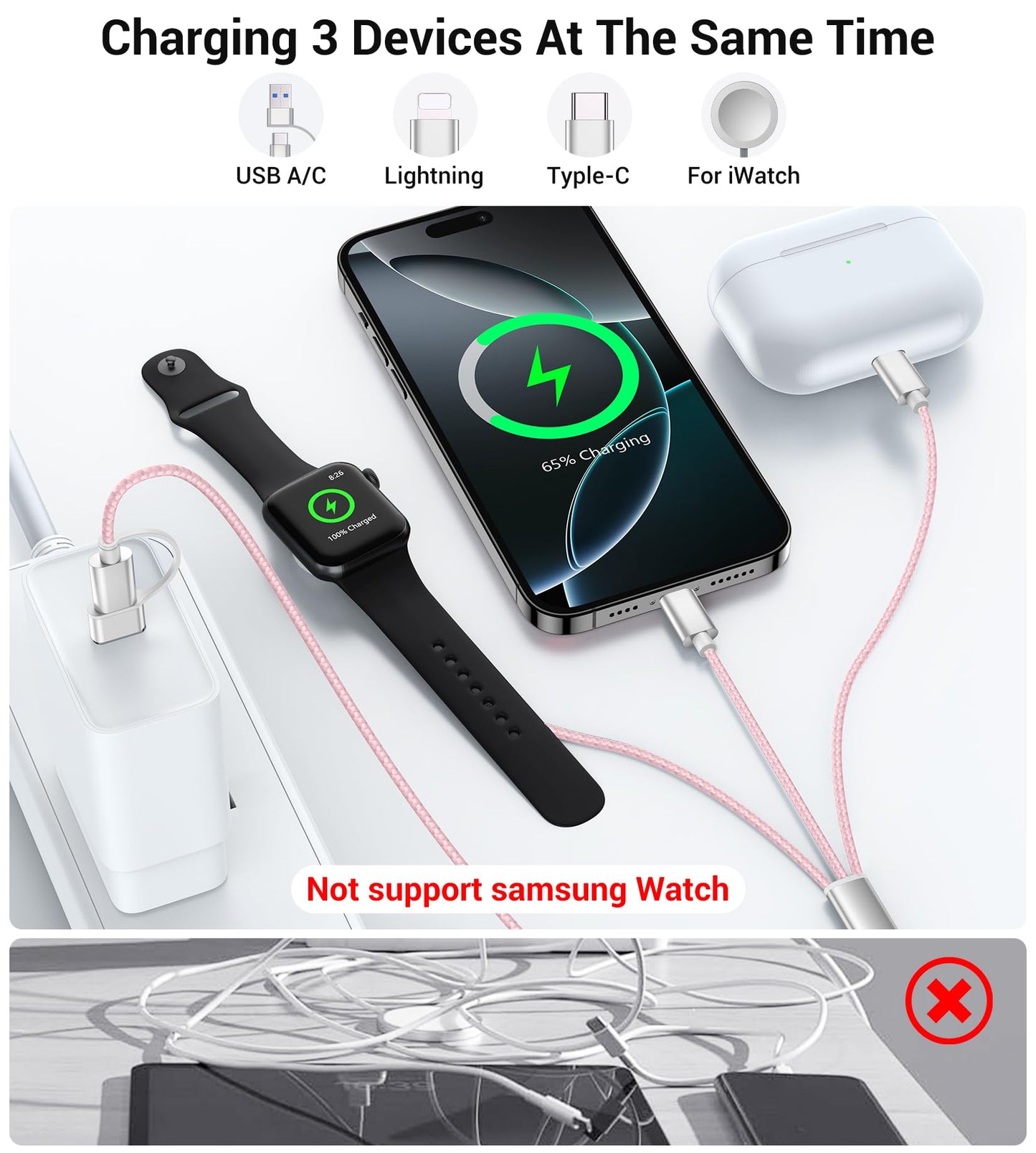 Travel Essentials,3 in 2 USB C Cable for Apple Watch Charger/iPhone 17 Charger/Lightning,Multi Charging Cable Cord,Vacation Camping Essentials,Portable Designed for iWatch &iPhone 16-12-4FT