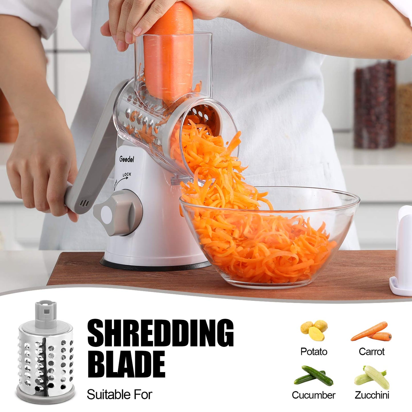 Rotary Cheese Grater, Kitchen Mandoline Vegetable Slicer with 3 Interchangeable Blades, Easy to Clean Grater for Fruit, Vegetables, Nuts