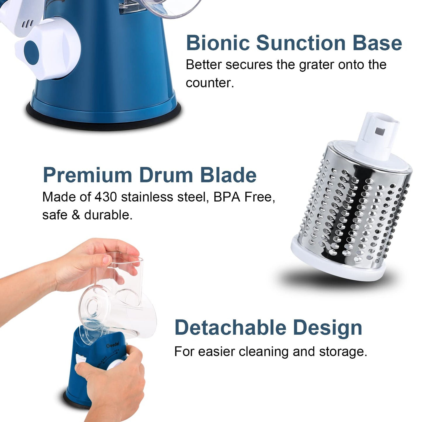 Rotary Cheese Grater, Kitchen Mandoline Vegetable Slicer with 3 Interchangeable Blades, Easy to Clean Grater for Fruit, Vegetables, Nuts