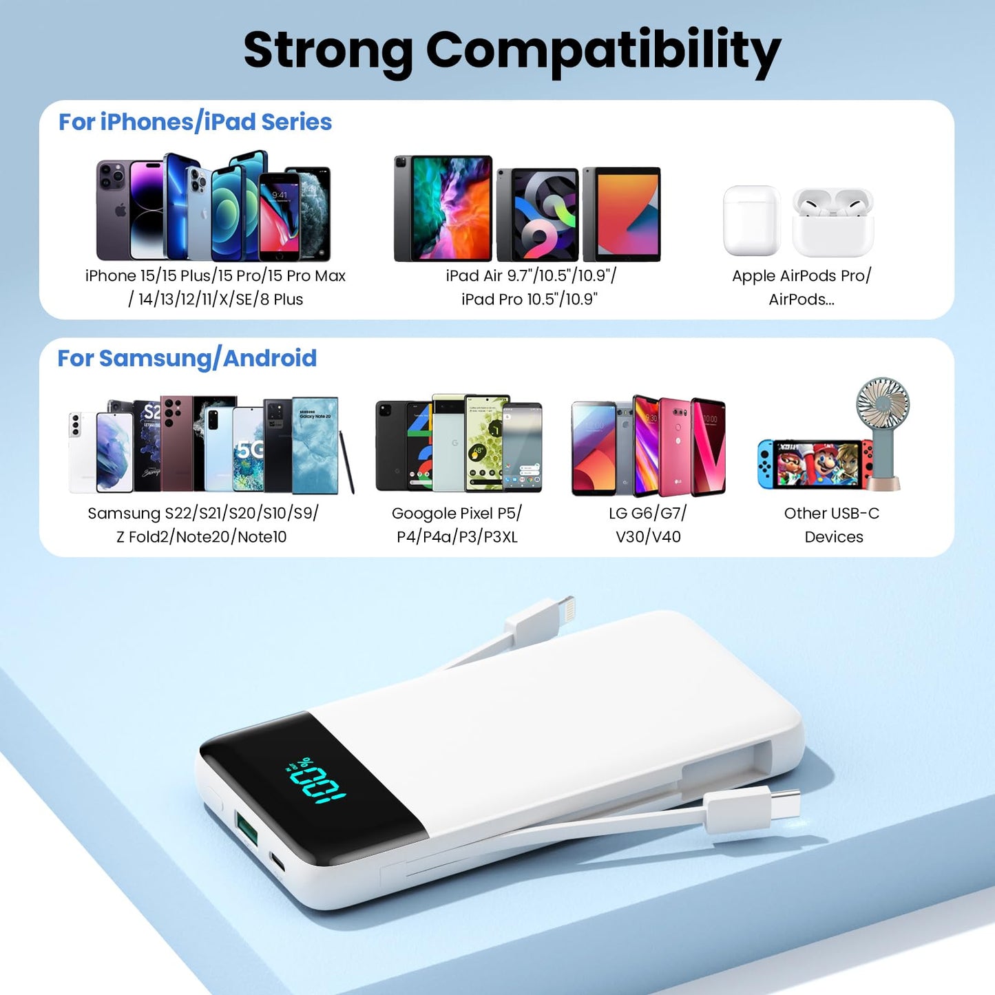 Wireless Portable Charger 40800mAh with 3 Built-in Cables,7-in-1 15W Wireless Charging Power Bank,25W PD QC 4.0 Fast Charging USB C LCD Display Battery Pack for iPhone 17/16/15/13,Samsung,Android etc