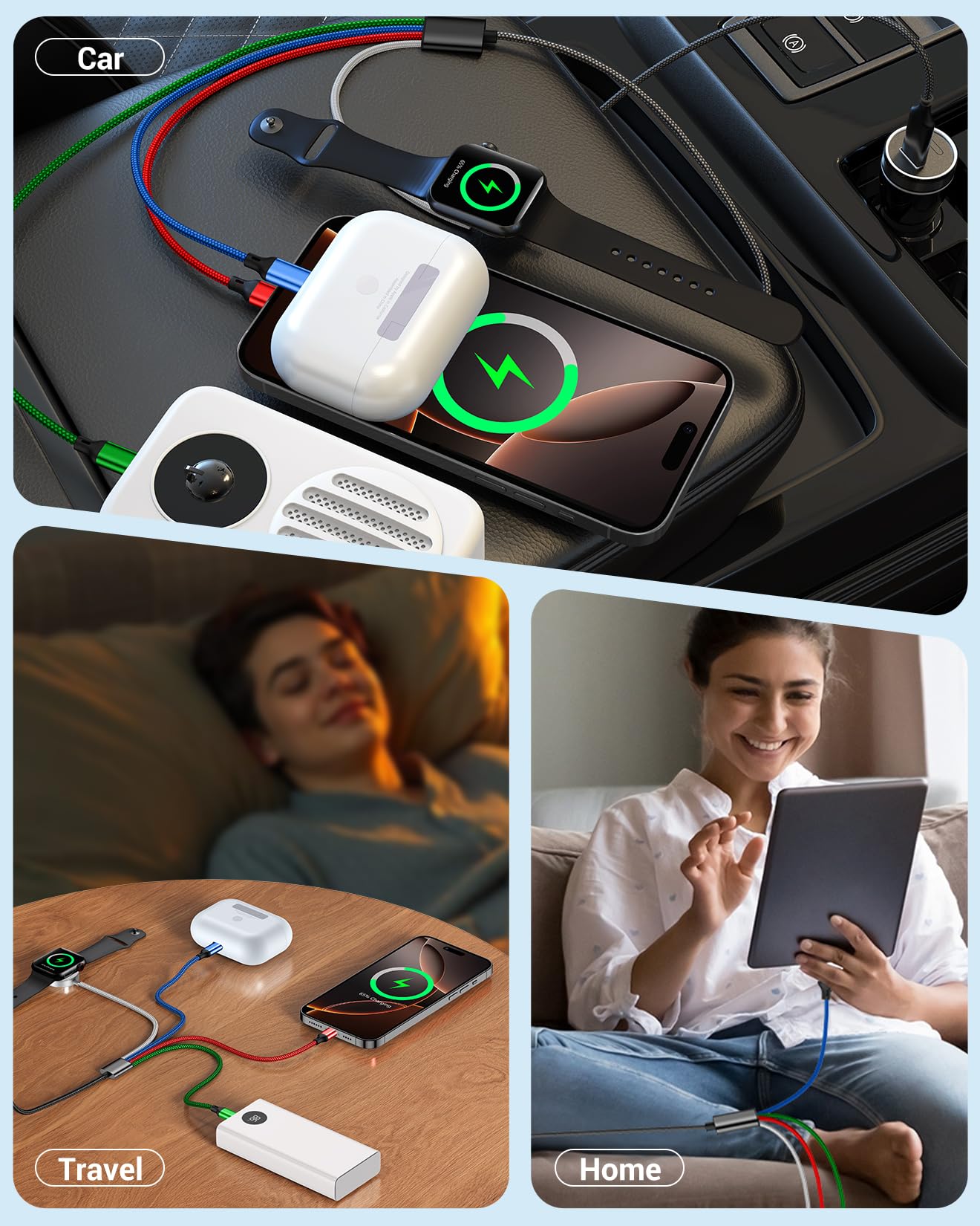 Travel Essentials,3 in 2 USB C Cable for Apple Watch Charger/iPhone 17 Charger/Lightning,Multi Charging Cable Cord,Vacation Camping Essentials,Portable Designed for iWatch &iPhone 16-12-4FT