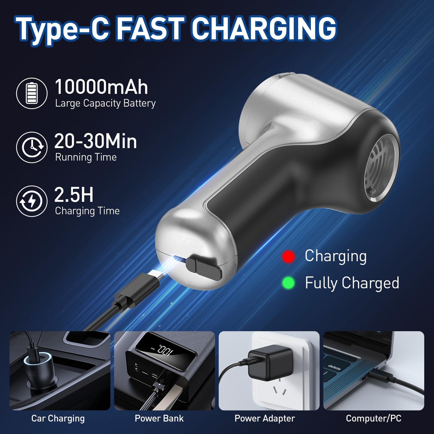 Handheld Car Vacuum Cleaner Cordless with 16000PA Powerful Suction, 4-in-1 Portable Mini Vacuum Cleaner & Air Duster with Multi-Accessories, Hand Held Vacuum Cordless Rechargeable for Car Home