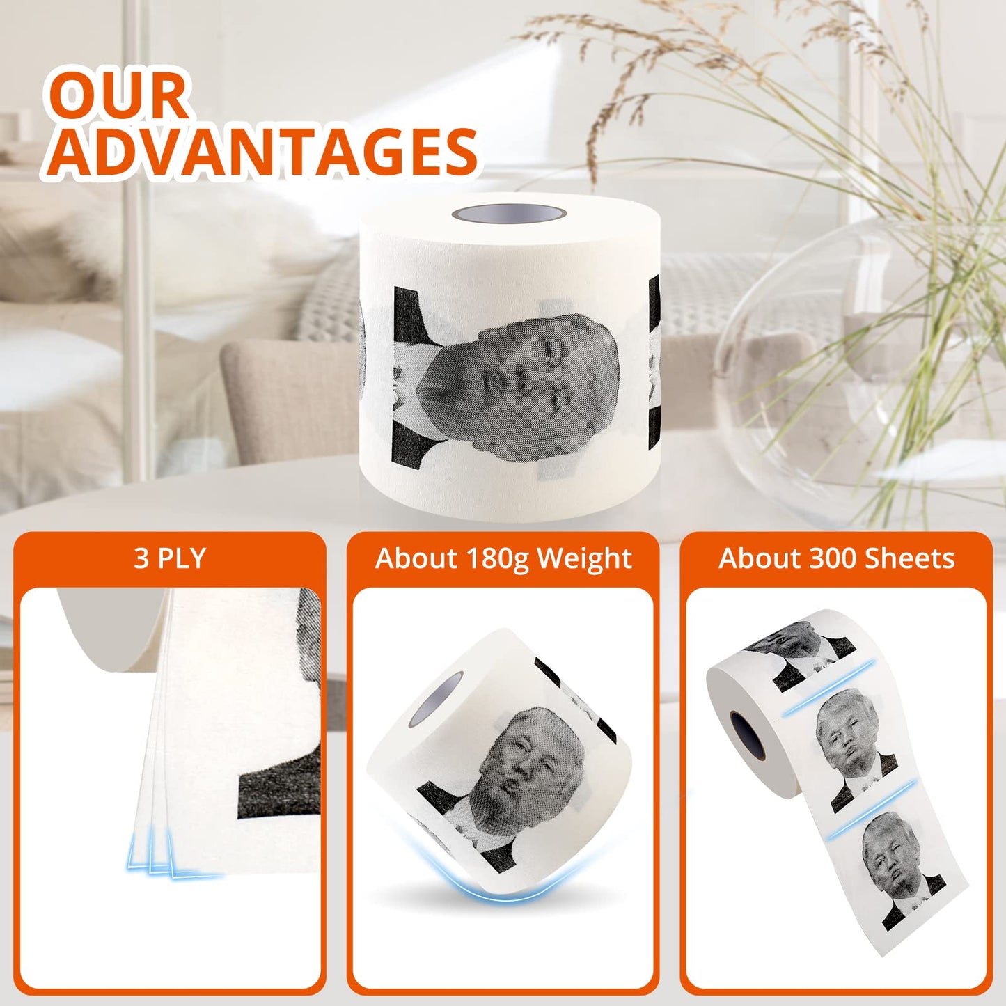 Richboom Funny Toilet Paper 3 Ply Bath Tissue, 320 Sheets, 1 Roll Novelty Political Gag Gift, Hilarious White Elephant Christmas Party Favor for Dad Mom Joke Paper for Men Women Prank Democrat Gifts