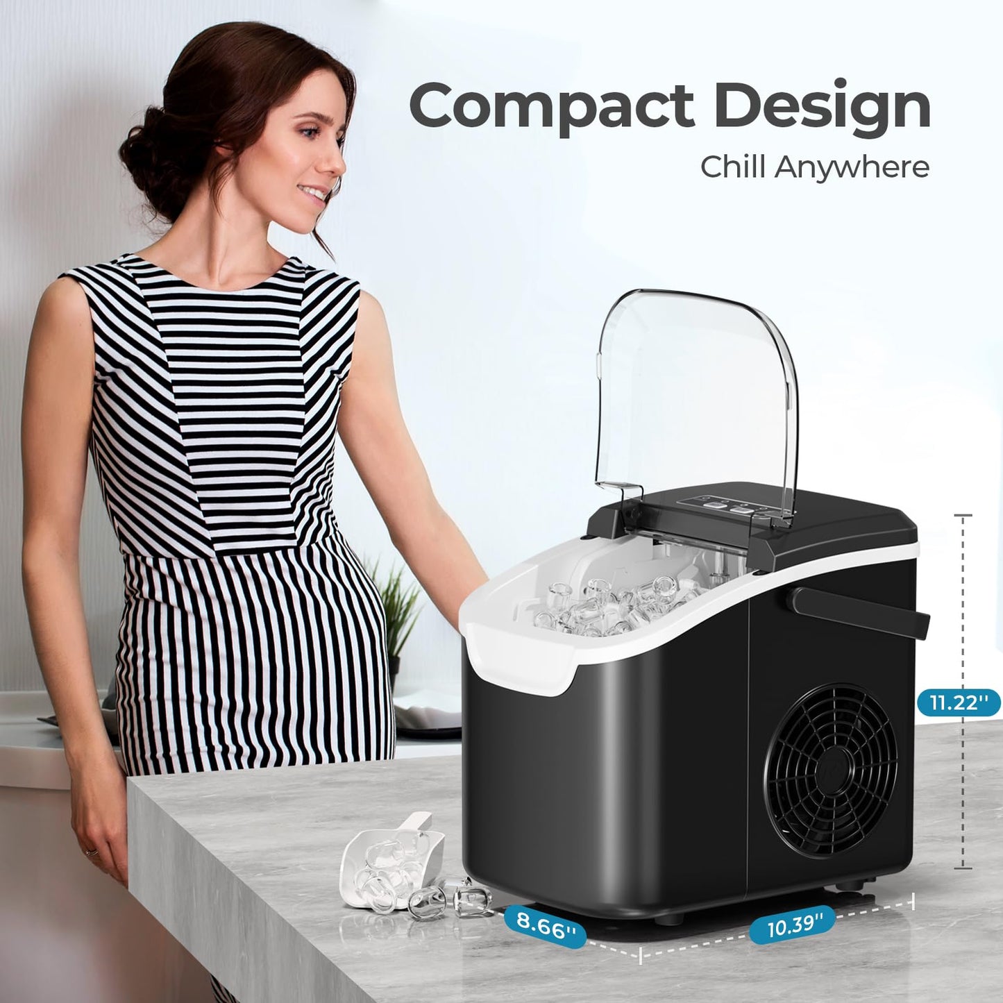 Countertop Ice Maker Machine, 8 Ice Cubes in 6 mins, 26lb/Day Ice with 2 Sizes- Portable Mini, Energy Saving & Basket/Scoop for Home/Party/Travel/Camping/Bar,Black