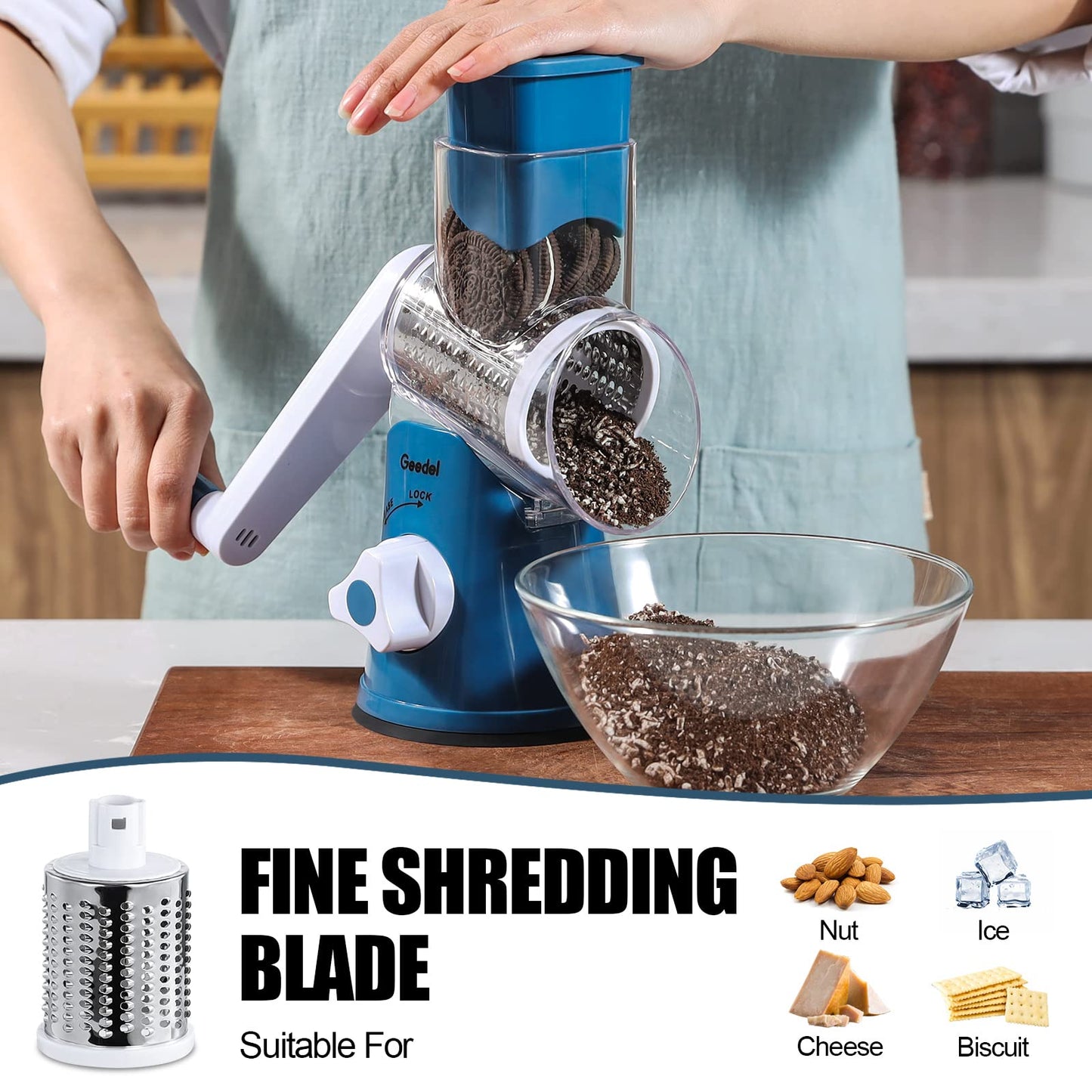Rotary Cheese Grater, Kitchen Mandoline Vegetable Slicer with 3 Interchangeable Blades, Easy to Clean Grater for Fruit, Vegetables, Nuts