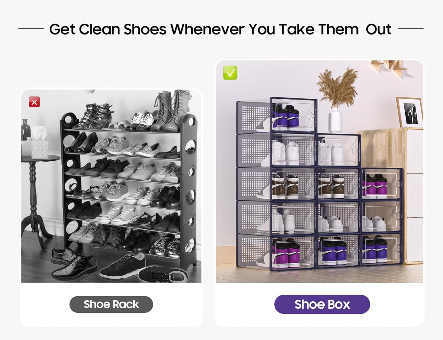 Shoe Storage Boxes Organizers Clear Plastic Stackable 12 Pack, Shoe Rack & Holder Substitute, Sneaker Containers, Toy Storage Organizer Bins for Entryway, Closet, Under Bed, Black