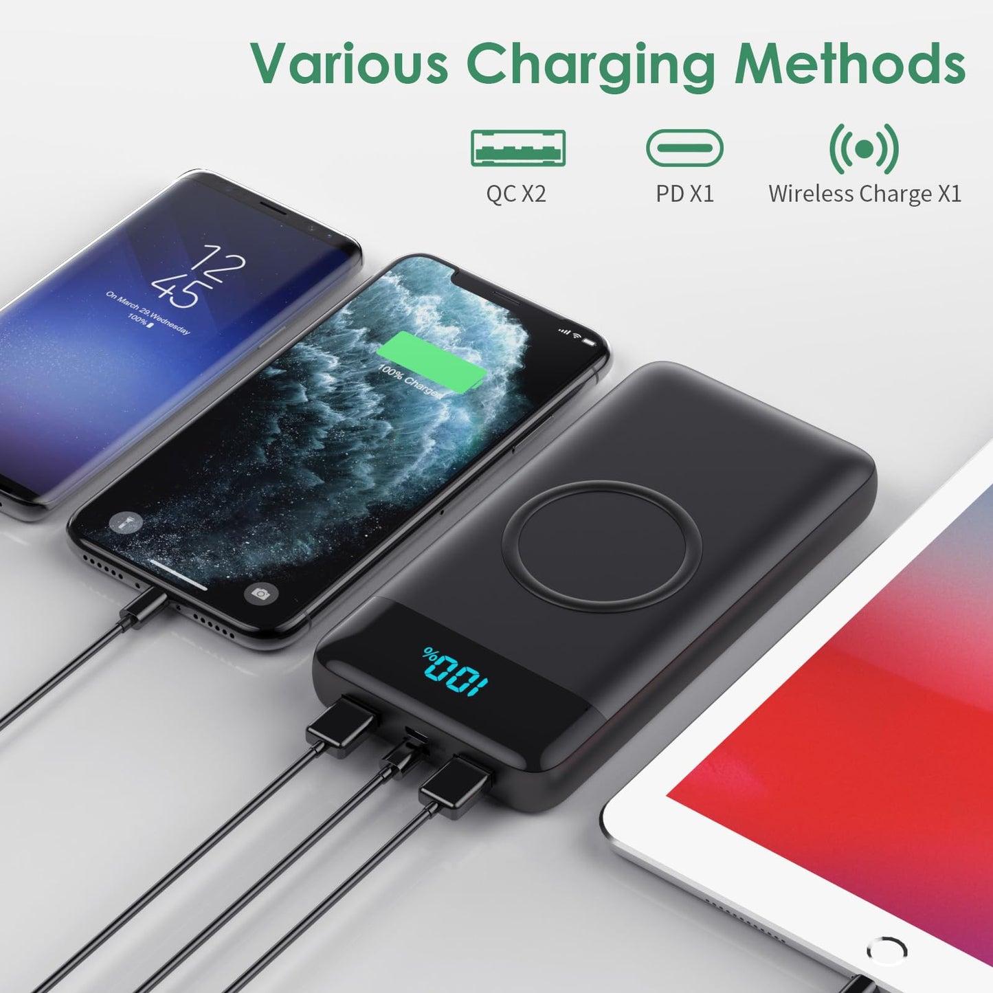 Wireless Portable Charger 40800mAh with 3 Built-in Cables,7-in-1 15W Wireless Charging Power Bank,25W PD QC 4.0 Fast Charging USB C LCD Display Battery Pack for iPhone 17/16/15/13,Samsung,Android etc