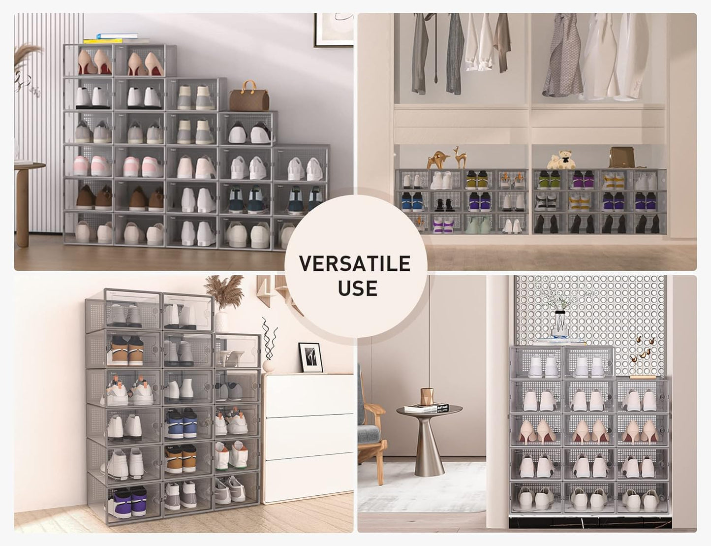 Shoe Storage Boxes Organizers Clear Plastic Stackable 12 Pack, Shoe Rack & Holder Substitute, Sneaker Containers, Toy Storage Organizer Bins for Entryway, Closet, Under Bed, Black