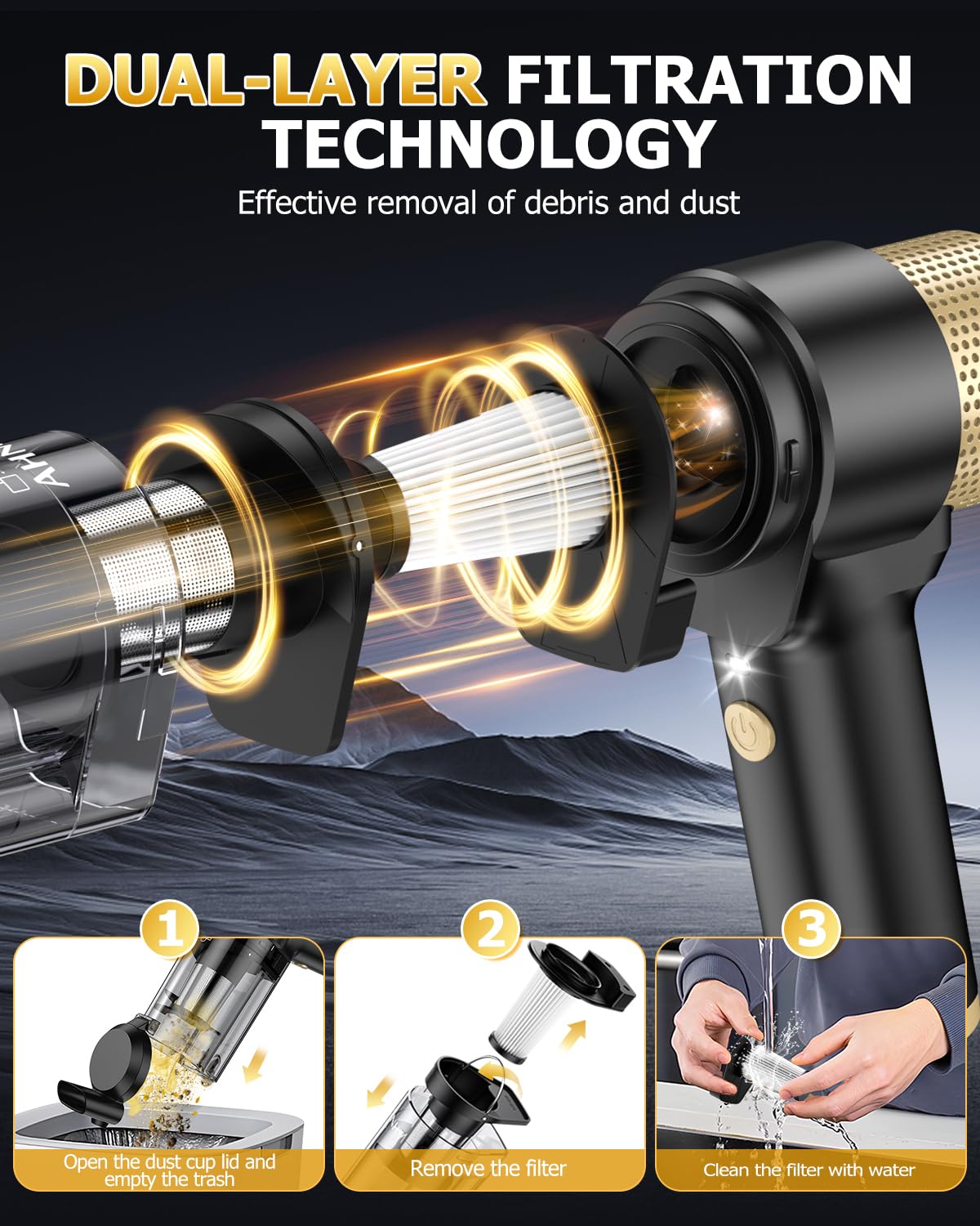 Handheld Car Vacuum Cleaner Cordless with 16000PA Powerful Suction, 4-in-1 Portable Mini Vacuum Cleaner & Air Duster with Multi-Accessories, Hand Held Vacuum Cordless Rechargeable for Car Home