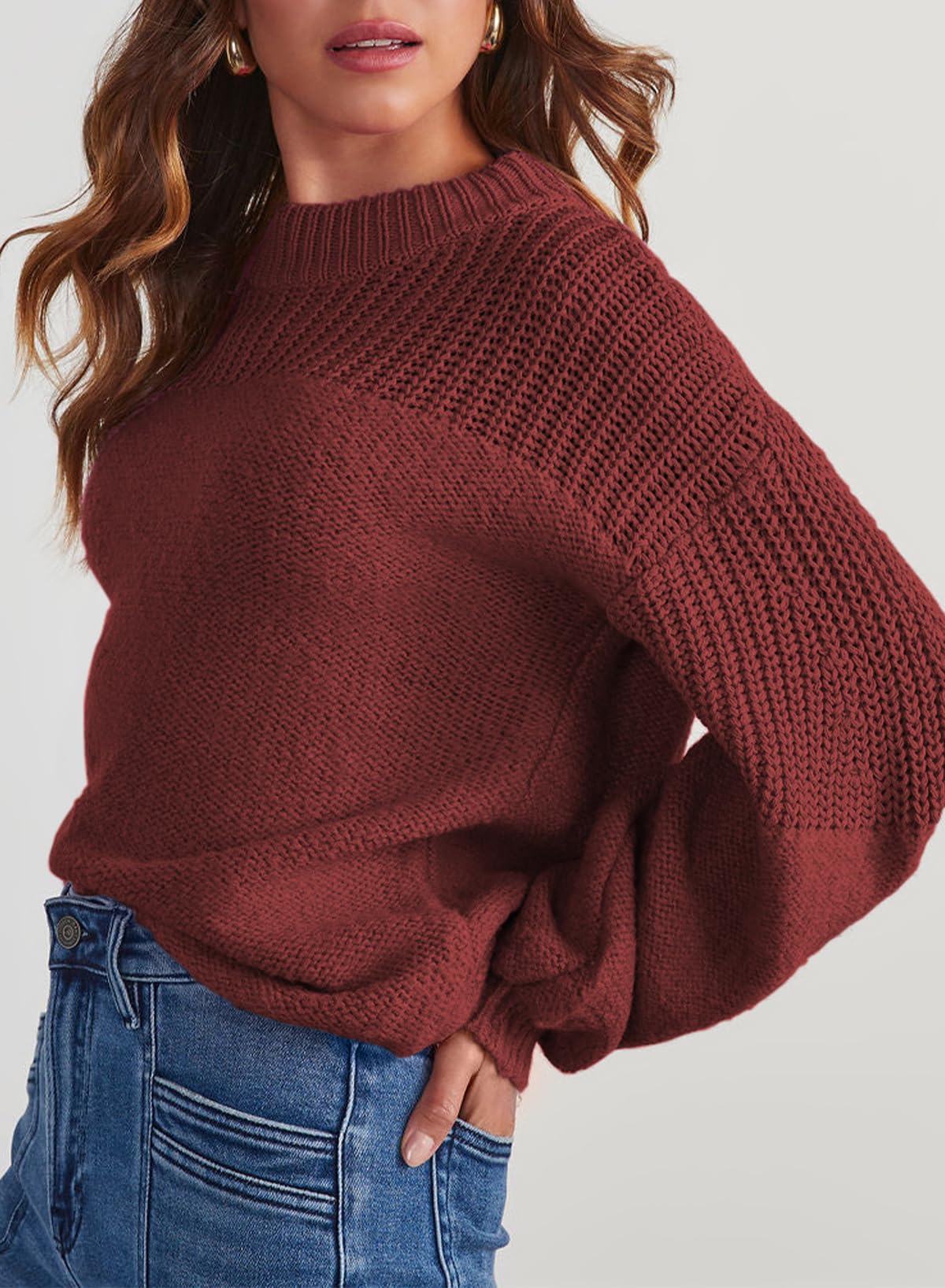 Womens Long Sleeve Knit Sweater Casual Solid Color Crew Neck Fall Sweaters for Women Trendy 2025 Outfits Chocolate Brown Fall Clothes Clothing Winter Oversized Pullover Top Jumper Medium