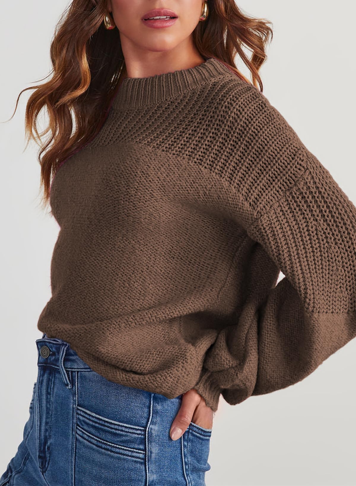 Womens Long Sleeve Knit Sweater Casual Solid Color Crew Neck Fall Sweaters for Women Trendy 2025 Outfits Chocolate Brown Fall Clothes Clothing Winter Oversized Pullover Top Jumper Medium