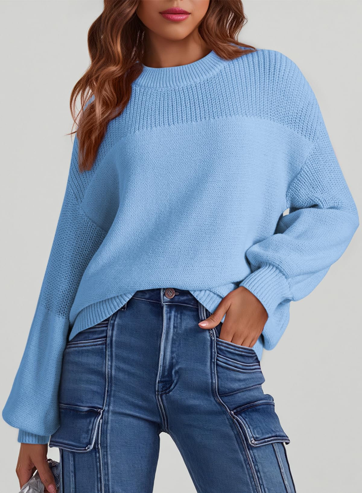 Womens Long Sleeve Knit Sweater Casual Solid Color Crew Neck Fall Sweaters for Women Trendy 2025 Outfits Chocolate Brown Fall Clothes Clothing Winter Oversized Pullover Top Jumper Medium